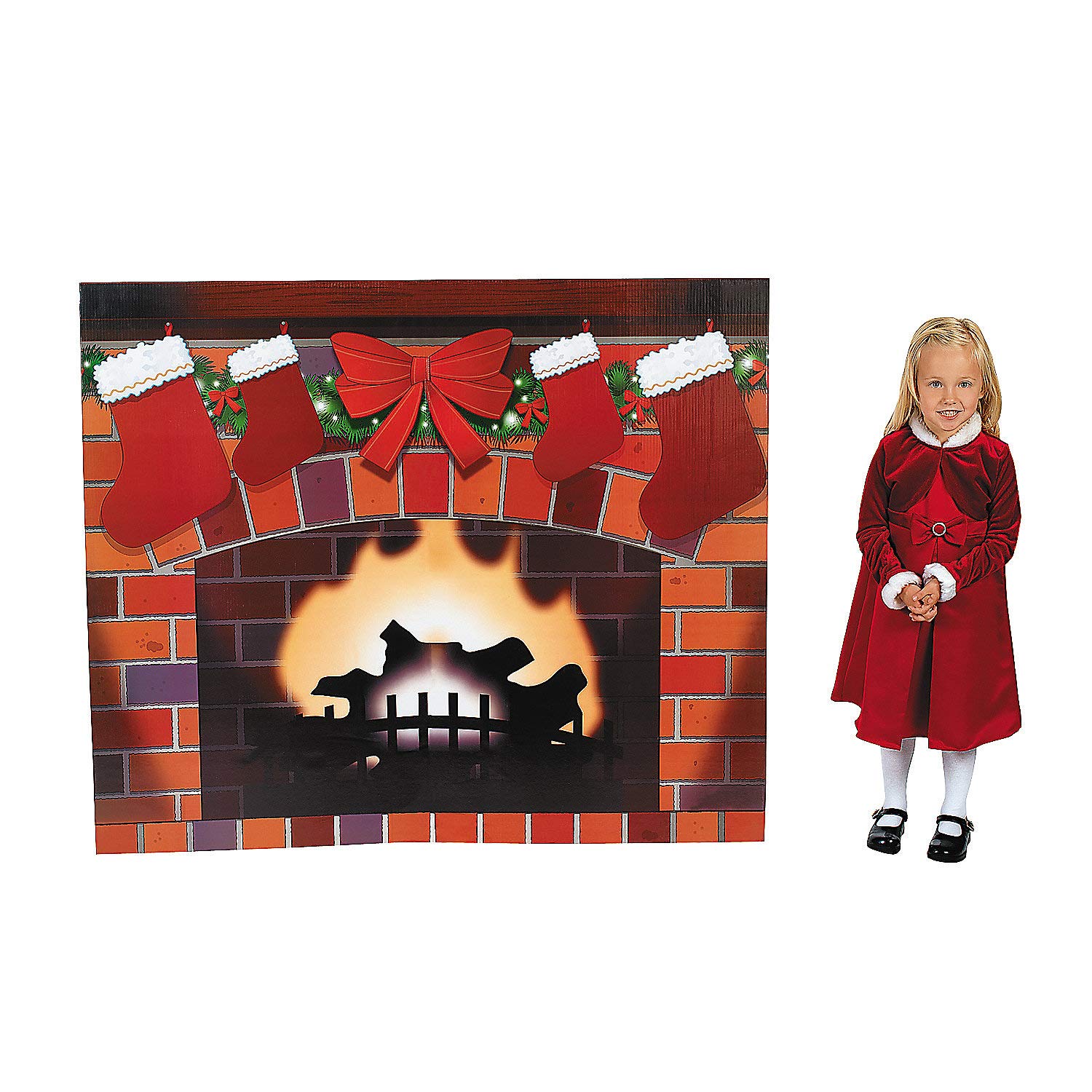 Christmas Fireplace Cardboard Stand with Stockings - Holiday Party Decor for Home, Office & Festive Gatherings