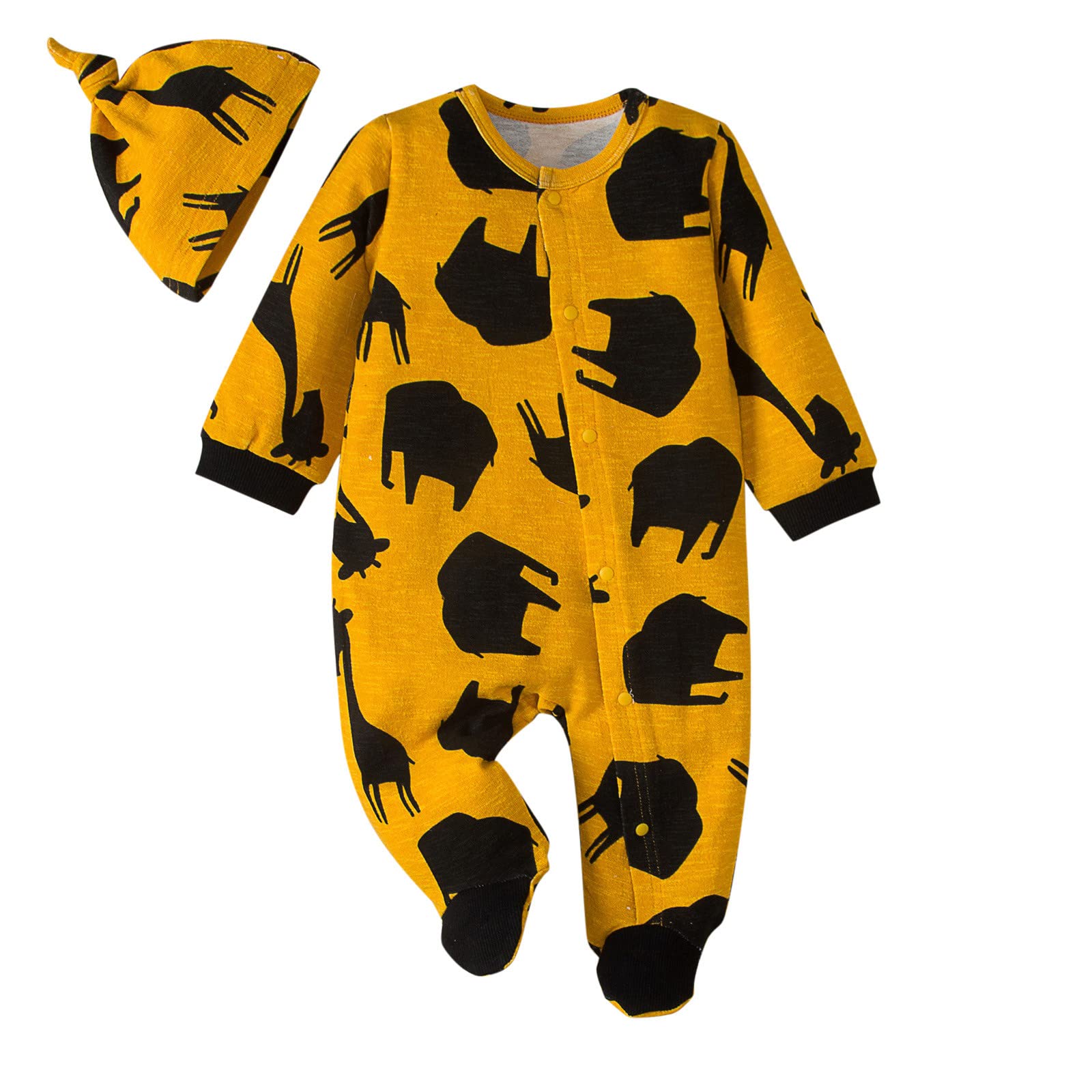 DKYGXWT Baby Jumpsuit Outfit Set - Cute Cartoon Animal Print Romper with Long Sleeves & Matching Hat for Toddler Boys & Girls | Perfect for Playtime, Photo Shoots & Everyday Wear