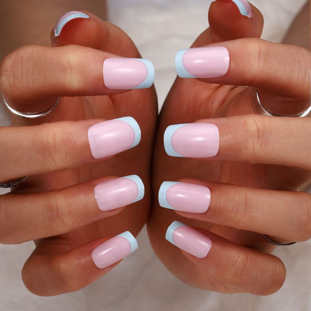 Glossy Pink Short Square Press On Nails - 24Pcs Full Cover French Fake Nails with Ballerina Tips | Acrylic Nail Accessories for Women & Girls | Perfect for Wedding, Party, Prom, Festival & Daily Wear (Style D)