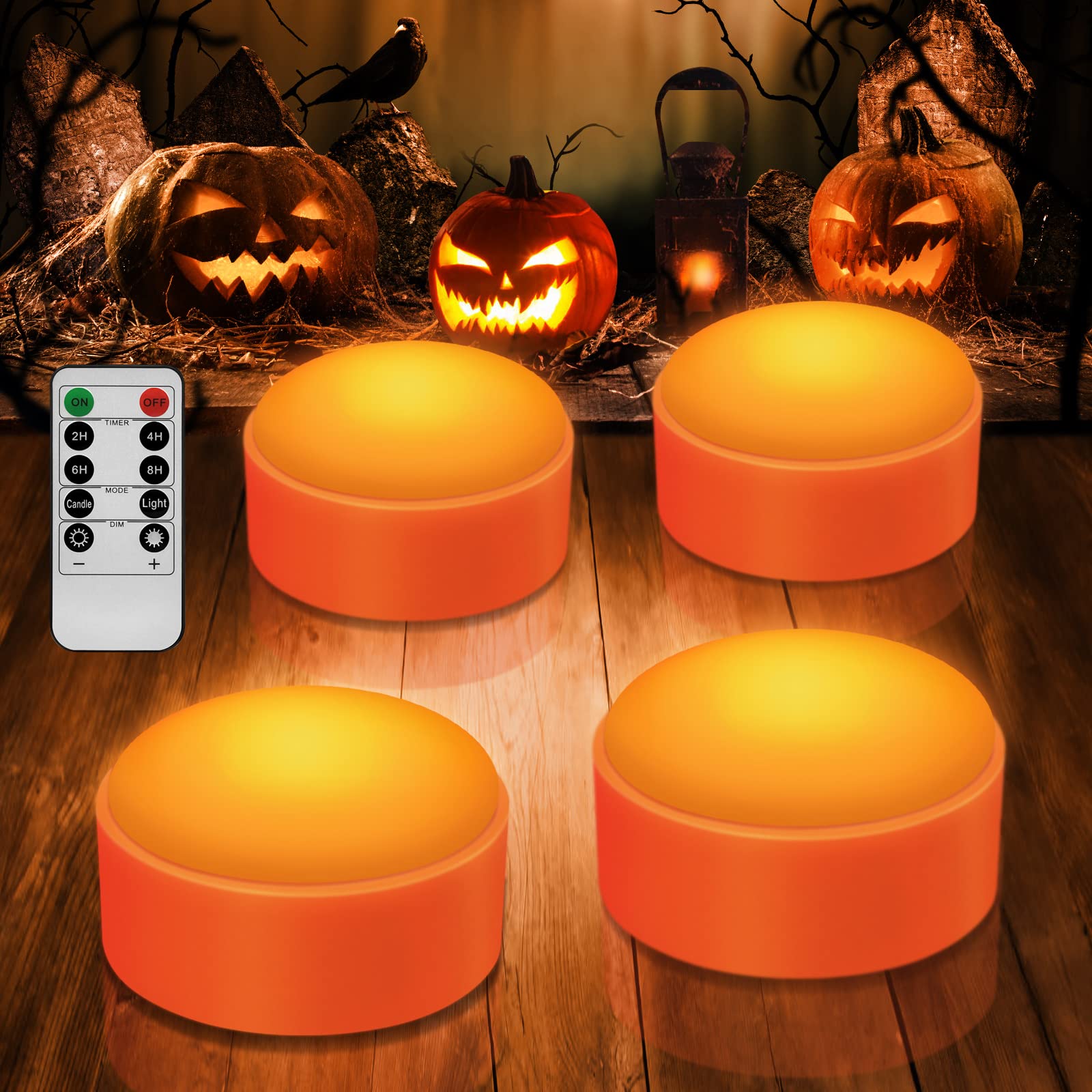 XIILSIE 4 Pack Battery Operated Christmas Lights with Remote & Timer - Orange Pumpkin LED String Lights, Flameless Candles for Indoor Outdoor Holiday Decor (Round Shape, 4 Pieces) - Perfect for Halloween, Thanksgiving & Christmas Tree Decorations