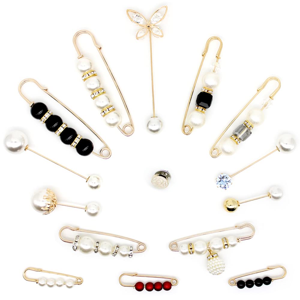 15-Piece Fashion Safety Pin Set with Faux Pearl Brooches - Heavy Duty Large Safety Pins for Women's Clothing, Dresses & Accessories - Perfect for DIY Fashion, Costume Jewelry & Outfit Decoration