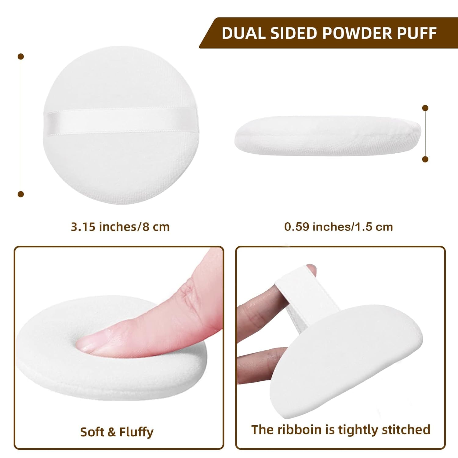 10 Pcs Soft Cotton Powder Puffs for Face & Body - 3.15 Inch Smooth Makeup Applicator for Powder Foundation, Loose Powder & Body Powder with Ribbon Handle (White) - Perfect for Daily Makeup & Touch-Ups