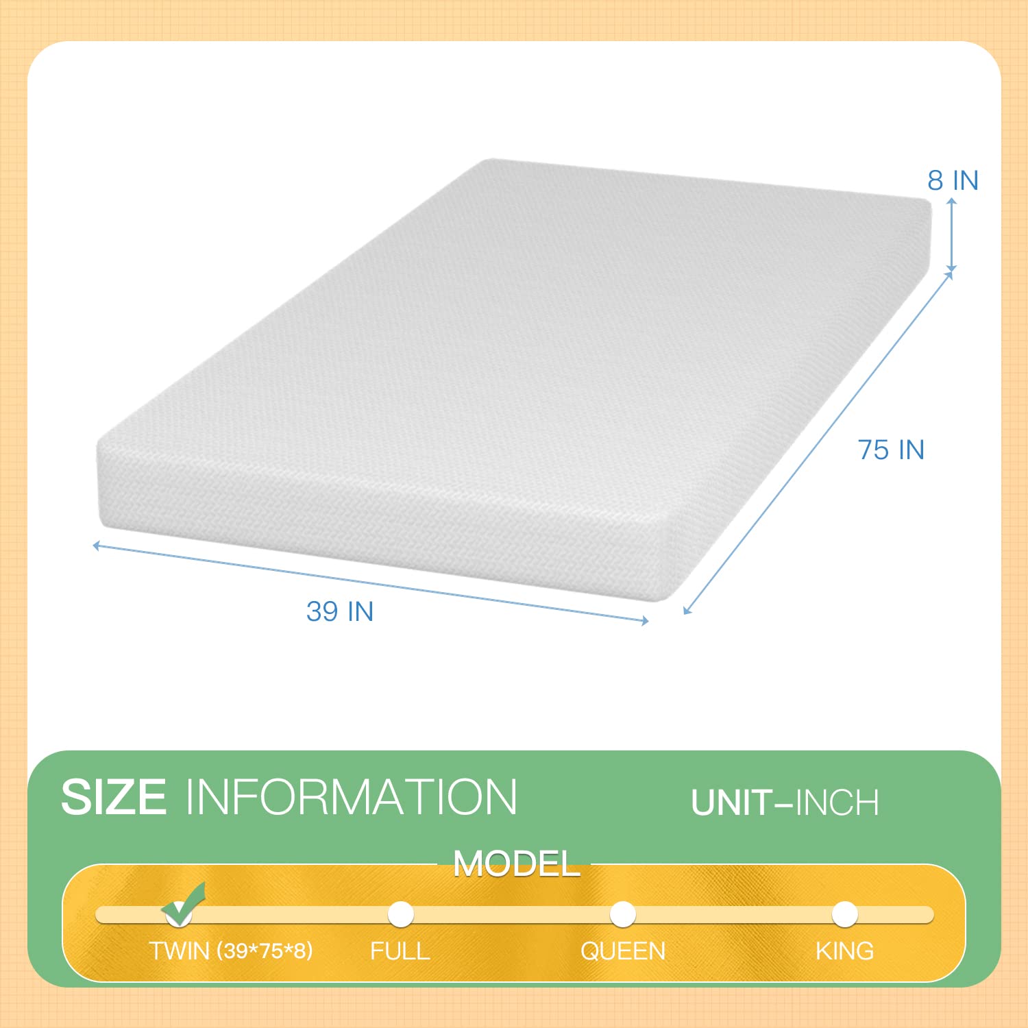 PayLessHere 8 Inch Twin Green Tea Memory Foam Mattress - Cooling Gel Infused, Fiberglass Free, CertiPUR-US Certified, Breathable Bed Mattress for Cooler & Supportive Sleep (White, Twin Size) - Perfect for Hot Sleepers, Guest Rooms & Dorm Beds