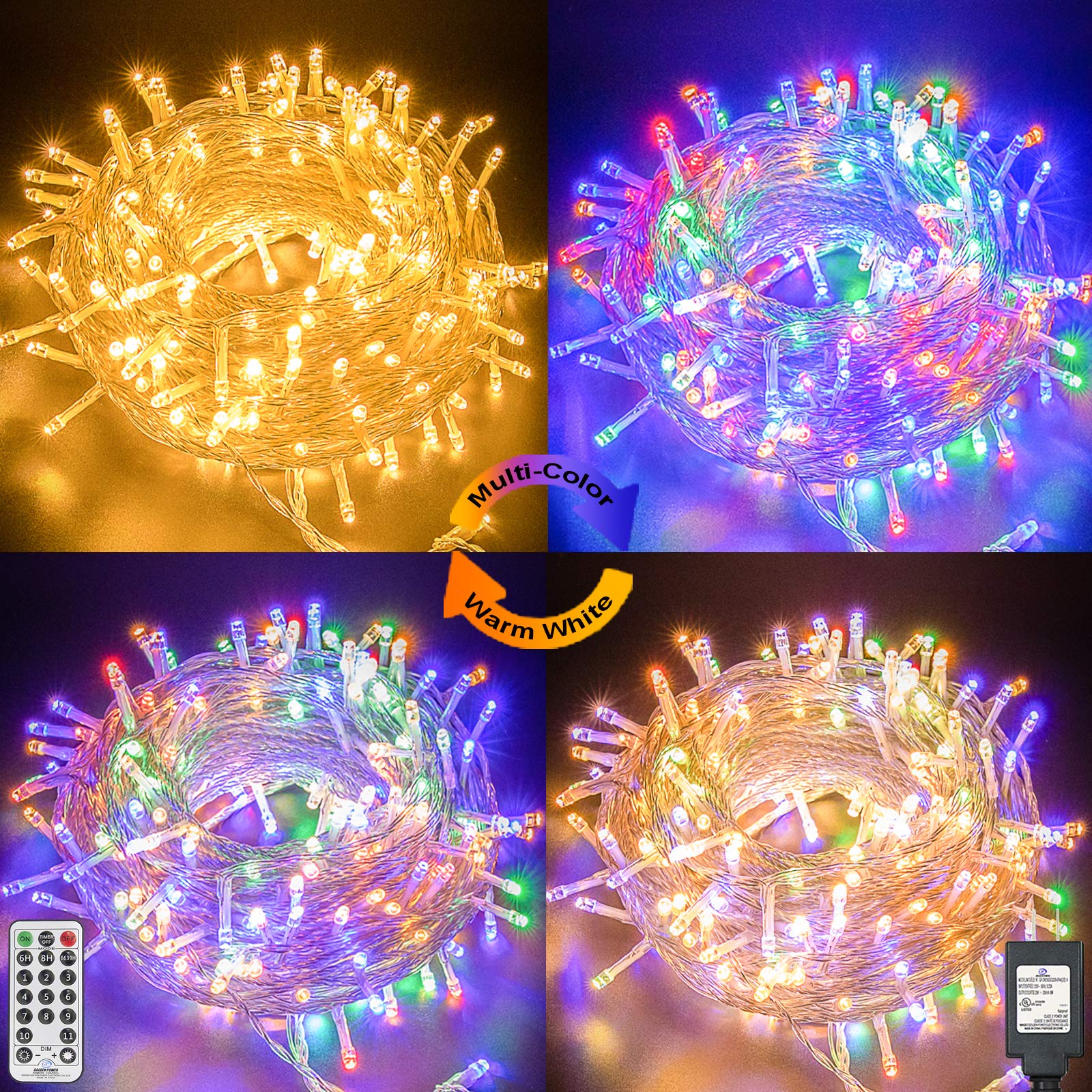 Decorative Color Changing Christmas Tree Lights - 300 LED 108FT String Lights with 11 Modes & Remote Timer - Waterproof Indoor/Outdoor Fairy Lights (Warm White & Multicolor) for Holiday Decorations, Parties, and Home Lighting
