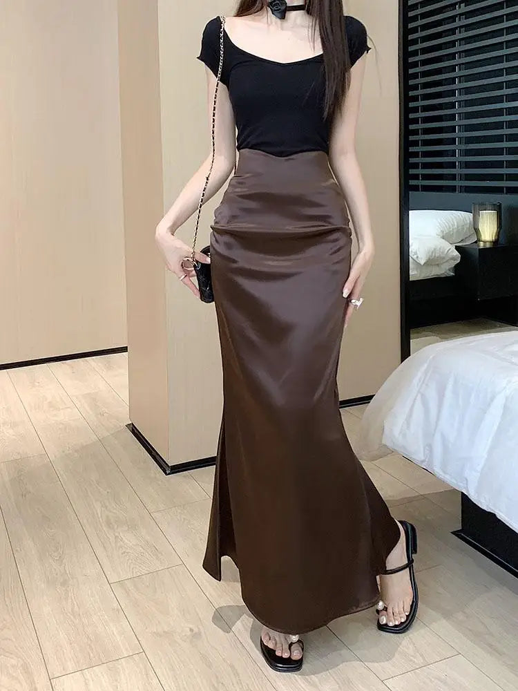 Black & Brown High Waist Pleated Fishtail Wrap Skirt for Women | Korean Style Office & Summer Elegant Skirt 2024 | Perfect for Work, Dating & Special Occasions