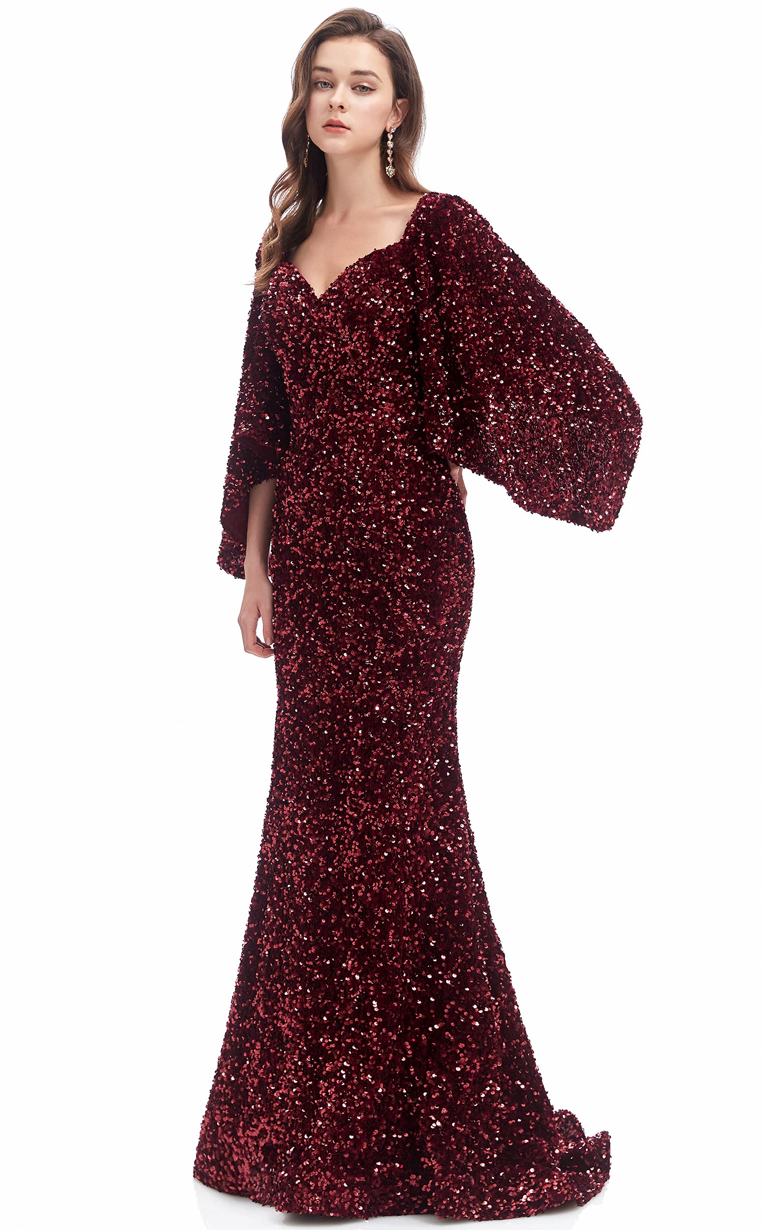 Elegant Women's V-Neck Sequin Mermaid Evening Gown with Long Sleeves - Perfect for Prom, Wedding Guest, and Formal Events