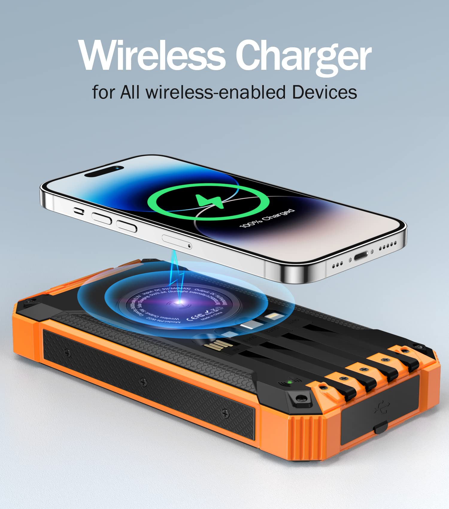 36000mAh Solar Power Bank with Wireless Charging - 15W Fast Portable Charger Built-in 4 Cables & 6 Outputs for iPhone, Samsung, Android Devices - Dual Flashlights & Carabiner for Camping, Travel, Emergency Power Backup