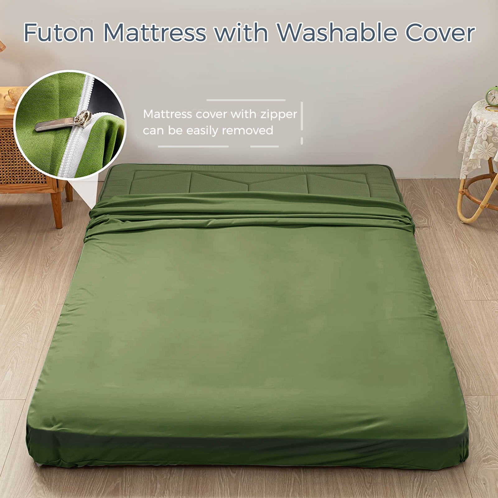 MAXYOYO 6-Inch Extra Thick Floor Futon Mattress - Geometric Diamond Pattern in Green | Foldable Guest Bed, Floor Cushion for Living Room, Dorm & Camping