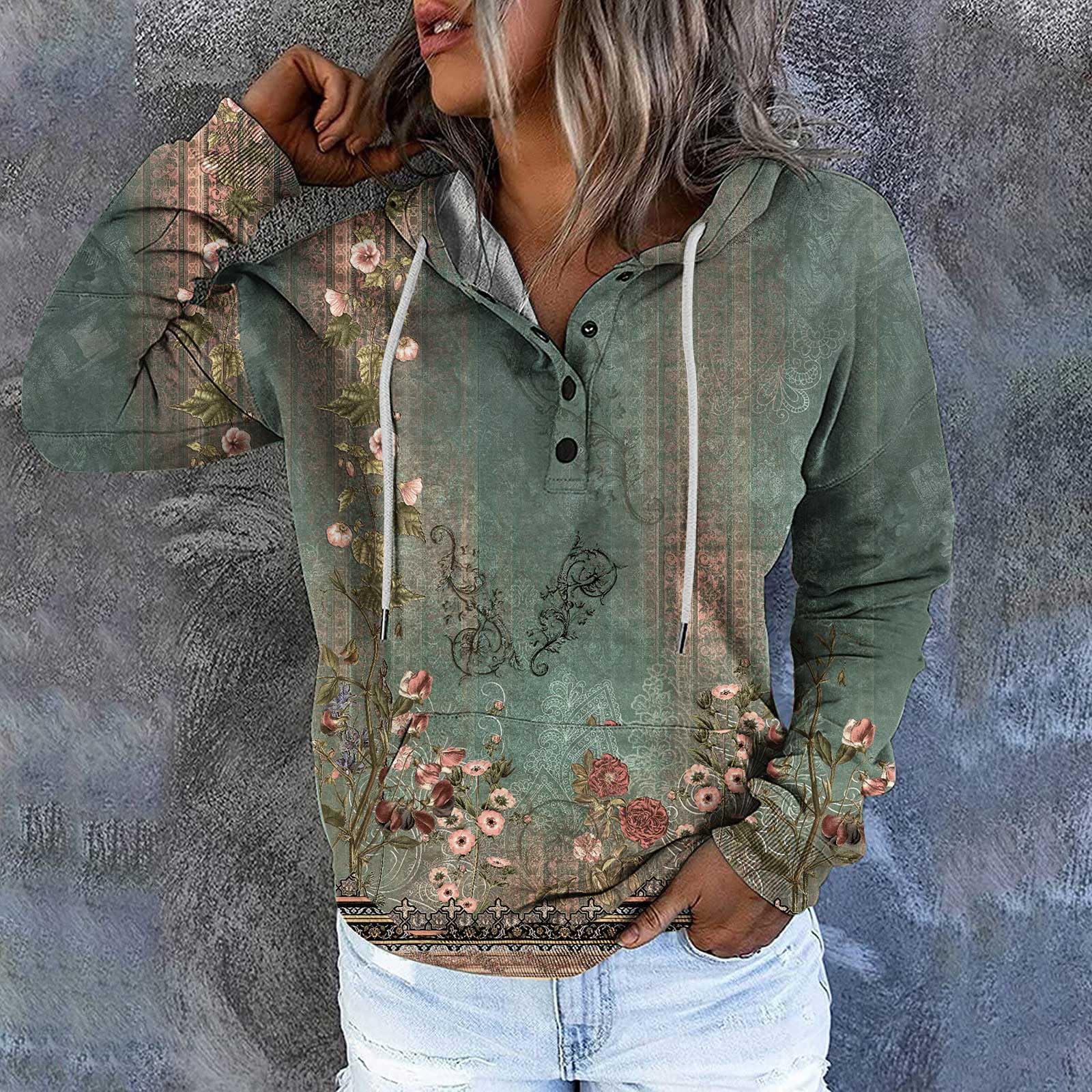 Women's Casual Long Sleeve Hoodie Floral Print Loose Tunic Button Down Hooded Sweatshirt Pullover Top for Outdoor Activities and Relaxation