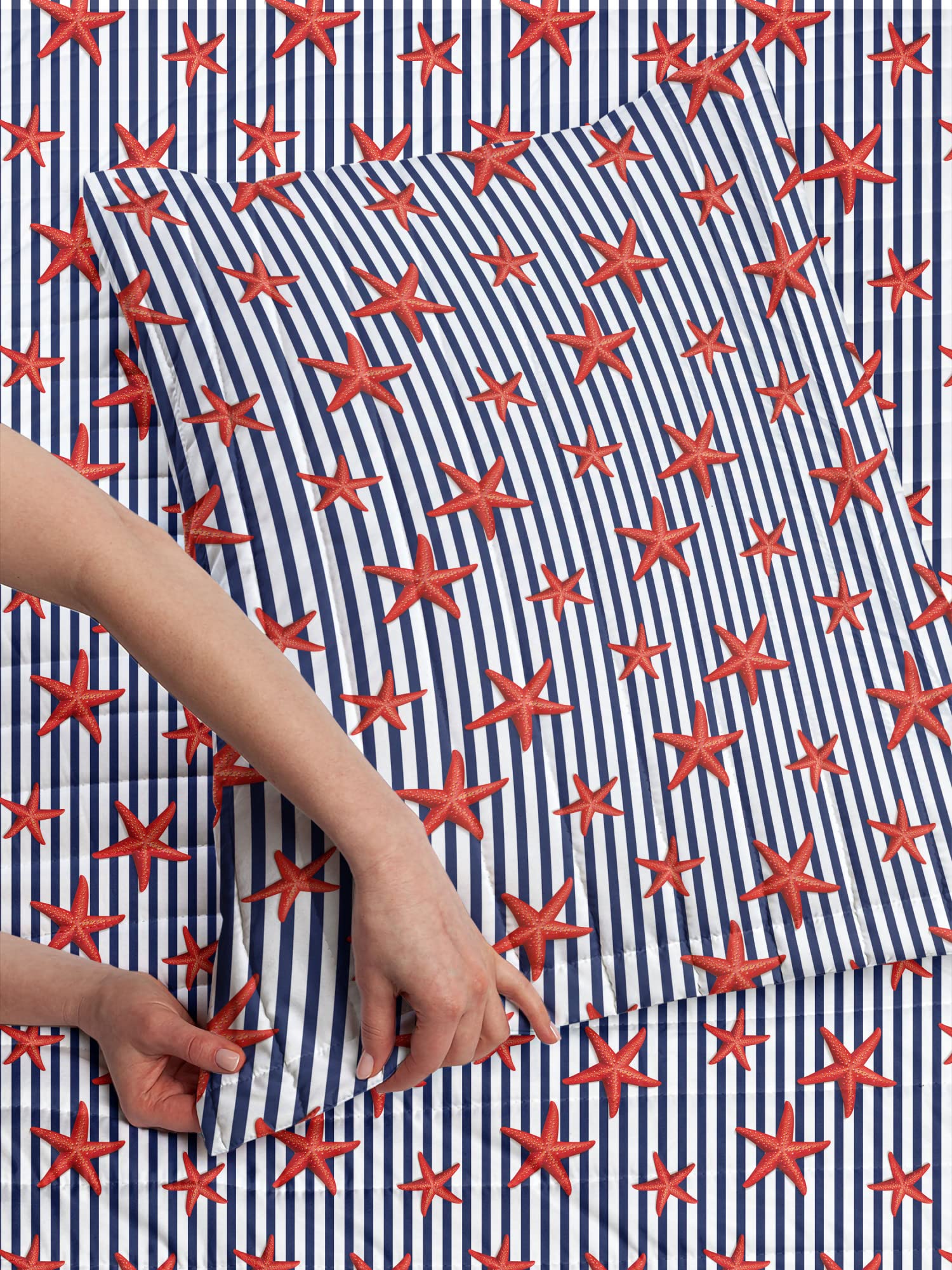 Ambesonne Starfish Microfiber Bedspread Set - Navy White Red Maritime Theme with Classic Stripes & Sea Stars | Soft Twin Size Bedding with Pillow Sham & Comforter | Perfect for Beach House, Coastal Decor & Nautical Bedroom
