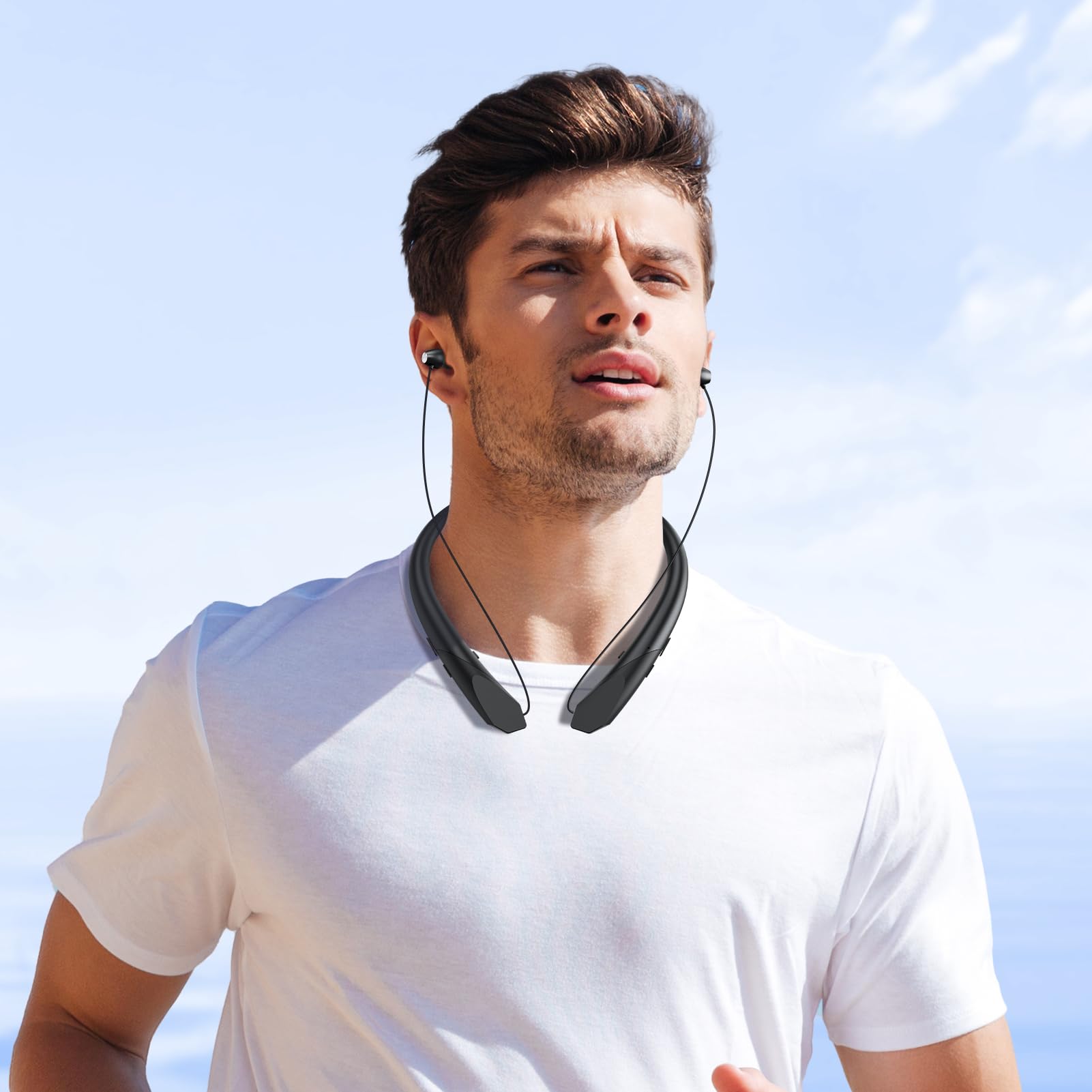 Retractable Wireless Bluetooth Earbuds with Microphone - IPX5 Sweatproof Neckband Headphones, Vibration Alerts & Stereo Noise Cancelling for Running, Workouts & Sports (Black) | Perfect for Gym, Jogging & Outdoor Activities