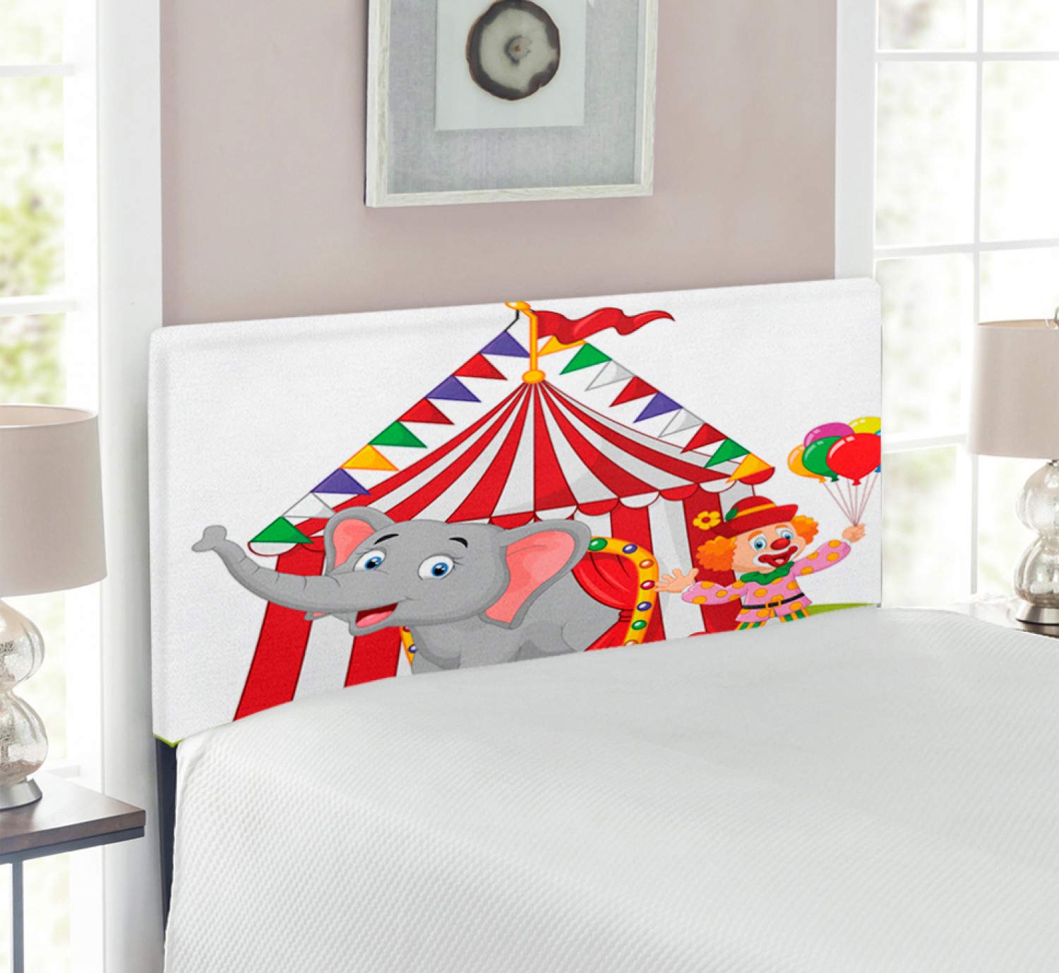 Ambesonne Circus Headboard - Cartoon Elephant & Clown Tent Funfair Design, Upholstered Metal Bed Frame with Memory Foam, Twin Size Multicolor - Perfect for Kids' Bedrooms & Circus-Themed Decor