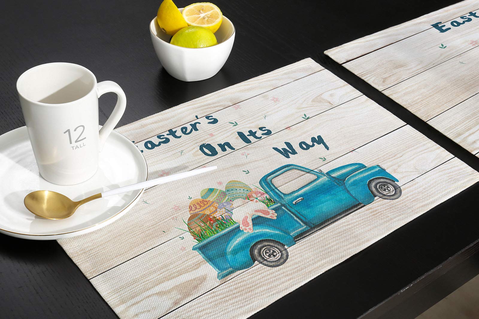 Farmhouse Easter Table Placemats Set of 4 - Round Non-Slip Heat Resistant Washable Kitchen Mats with Bunny & Egg Design - Rustic Wood Decor for Dining Table - Perfect for Family Gatherings, Holiday Meals & Spring Decor