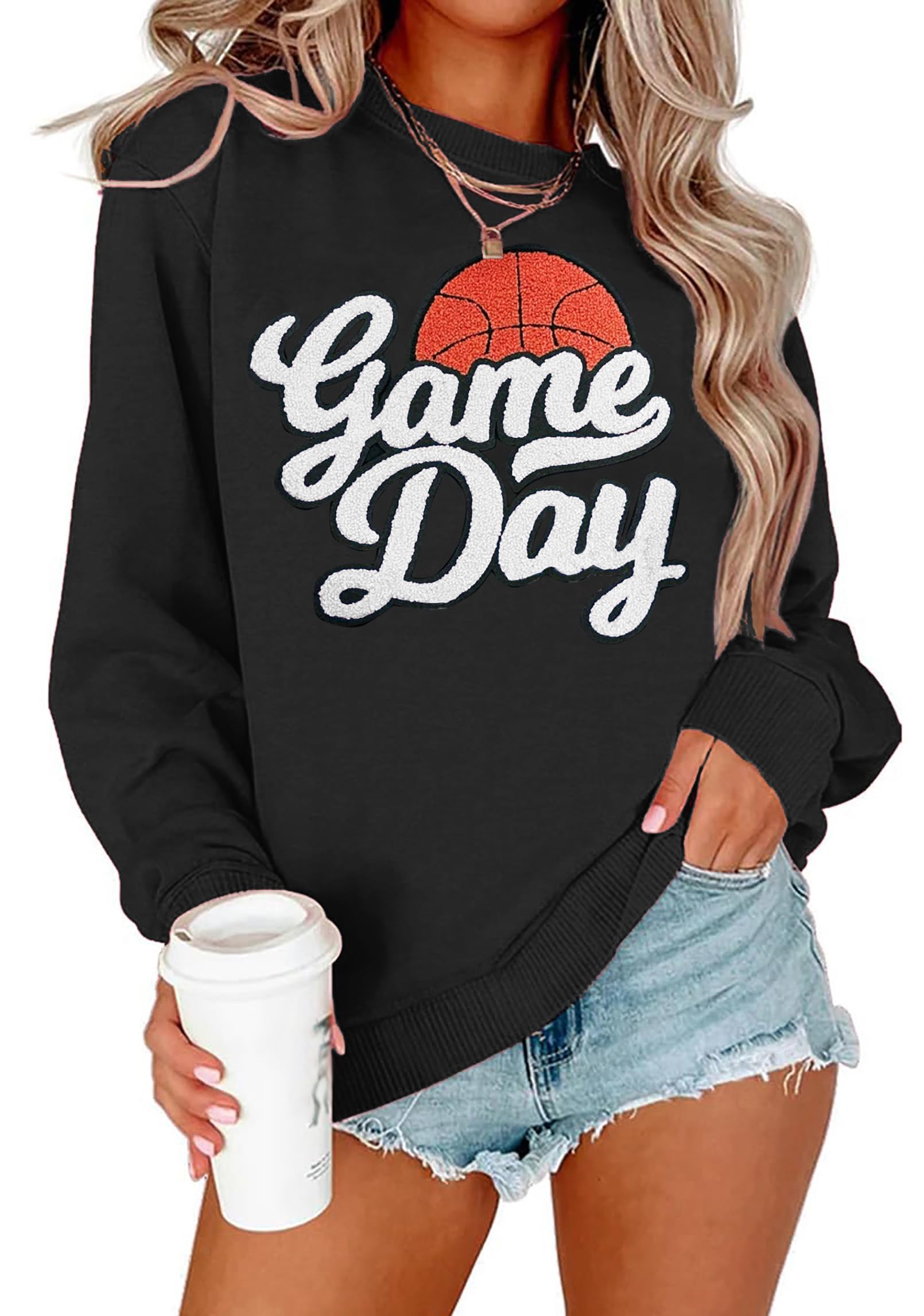 Women's Basketball Game Day Sweatshirt - Chenille Patch Graphic Long Sleeve Top for Casual Wear, Game Nights & Sports Events