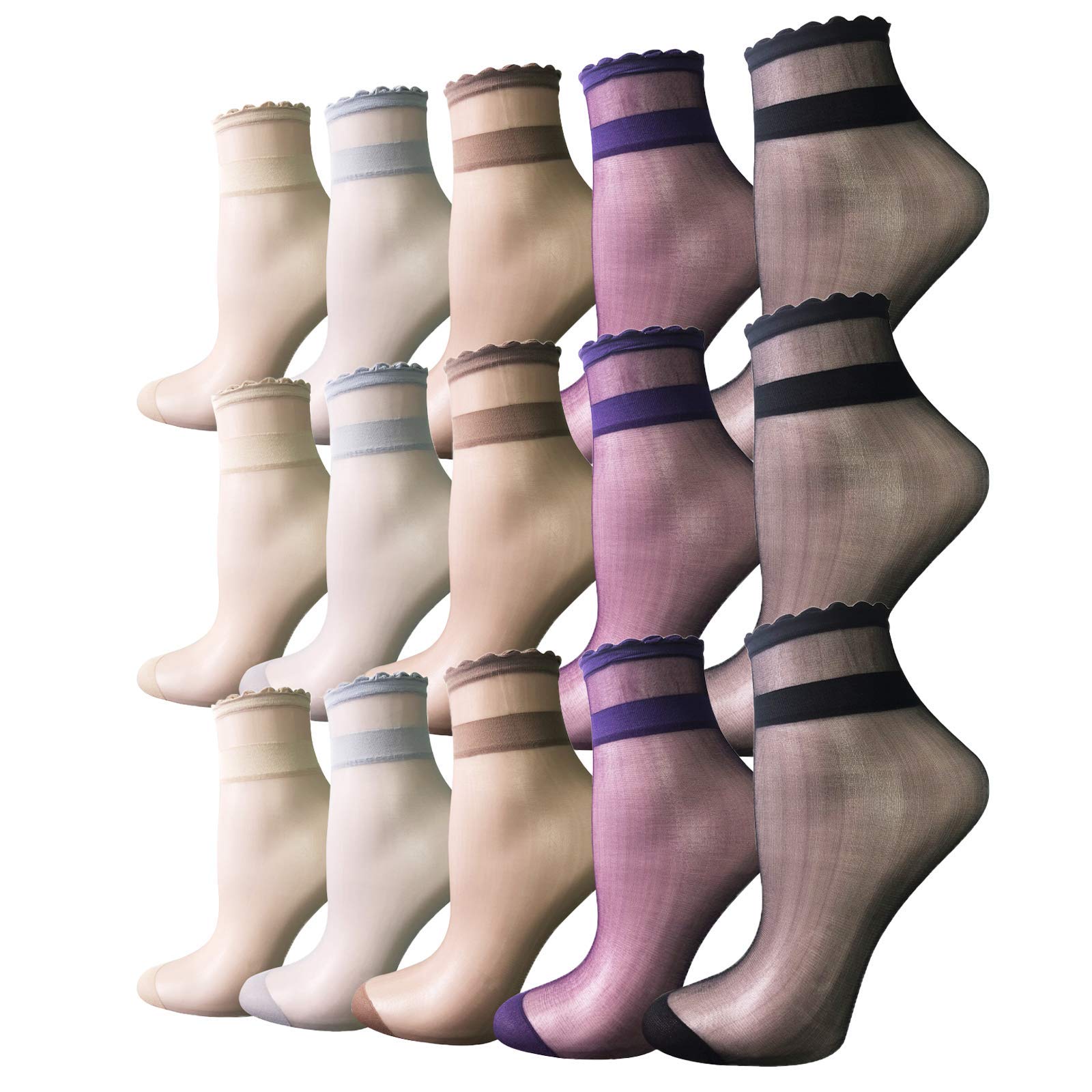 5 or 15 Pairs Women's Sheer Ankle Socks - Thin Summer Liner Socks with Lace Cuff - Breathable Transparent Tulle Socks for Casual Wear, Office & Special Occasions