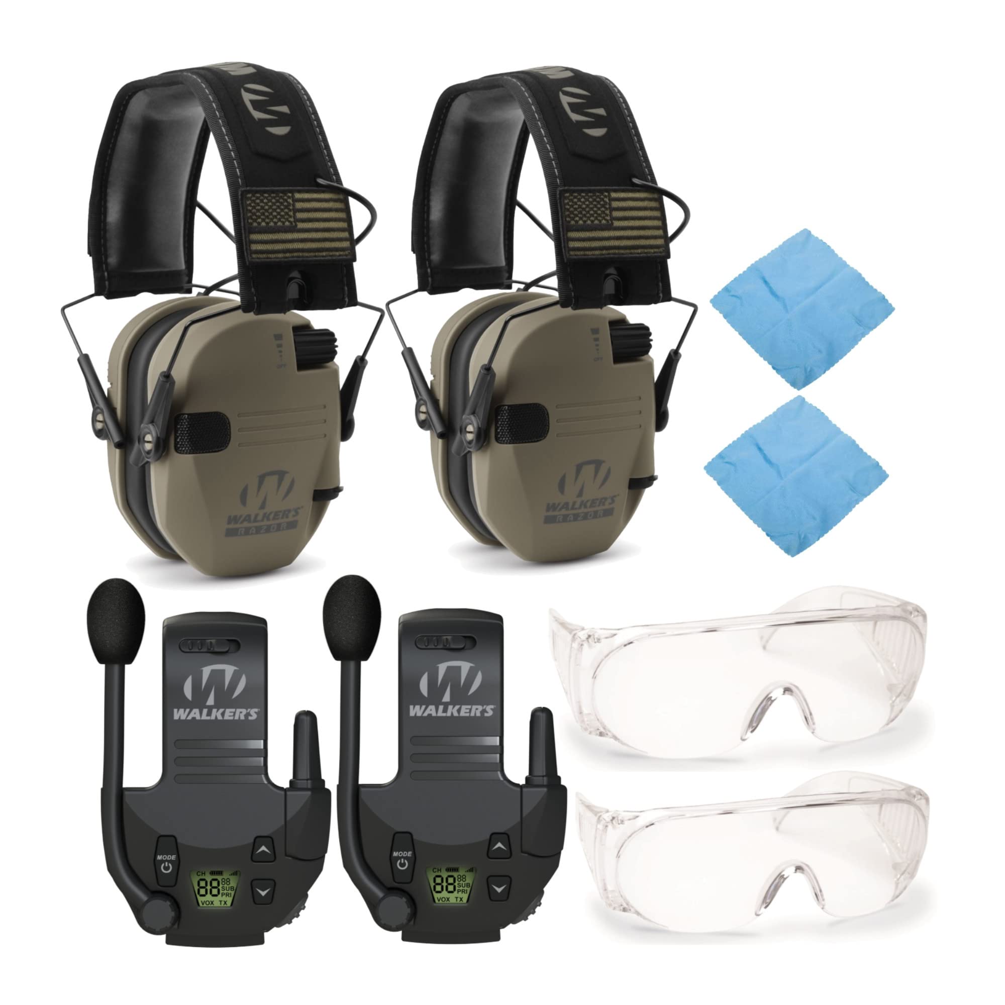 Walker's Razor Slim Electronic Shooting Earmuffs 2-Pack - Noise Cancelling Hearing Protection with Walkie Talkie & OTG Glasses - Perfect for Hunting, Shooting Range & Outdoor Activities
