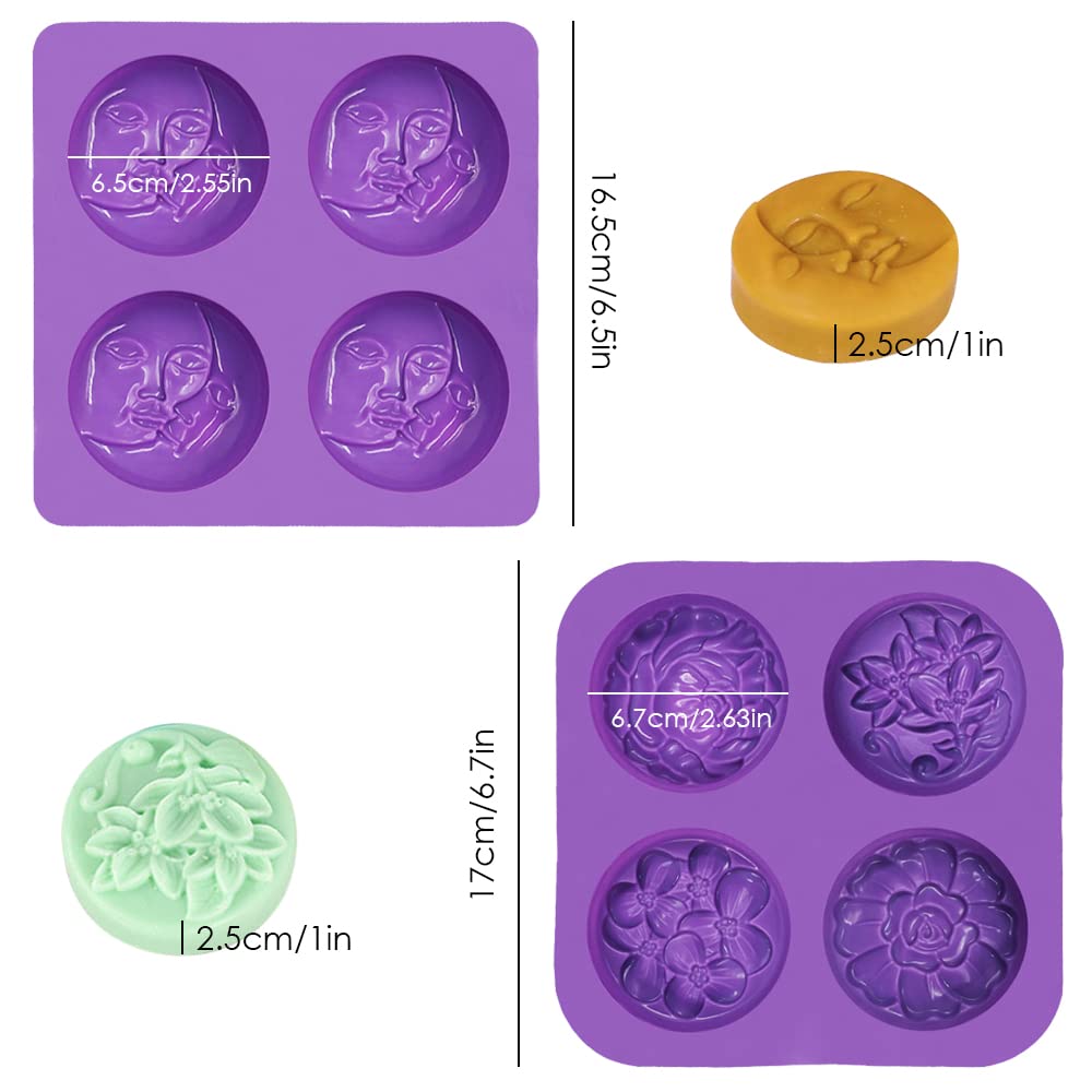 2 PCS SENHAI Silicone Soap Molds Set - 4 Cavity Sun & Moon Face Molds & 4 Cavity Flower Shapes Molds for DIY Soap Making, Homemade Lotion Bars, Cake Decorating, Chocolate & Pudding - Perfect for Crafting, Gifts & Home Baking