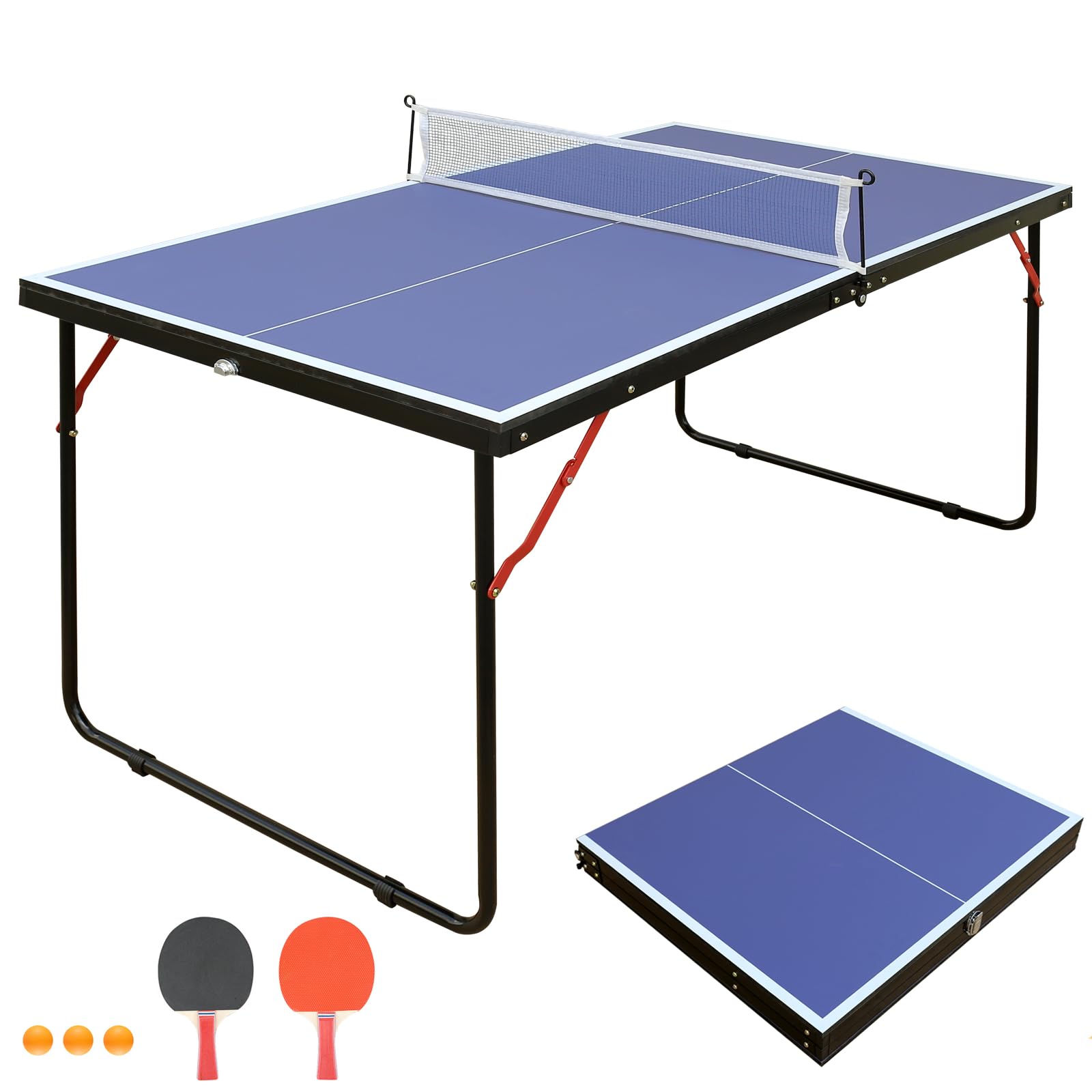 BOSTANA Foldable Ping Pong Table with Net, Paddles & Balls - Portable Indoor Outdoor Table Tennis Set for Home, Office, Backyard & Party Games