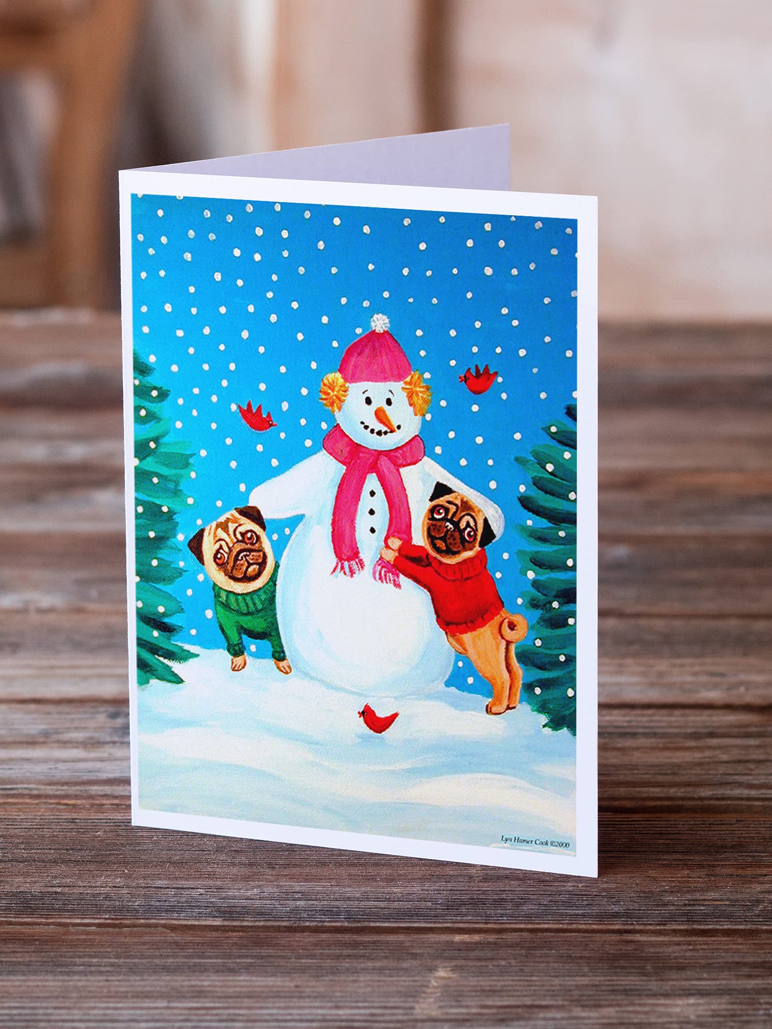 Snowman with Pug Winter Greeting Cards - Pack of 8 Blank A7 Note Cards (5x7) with Envelopes | Whimsical Holiday Stationery for Christmas, Winter Parties & Festive Gift Giving