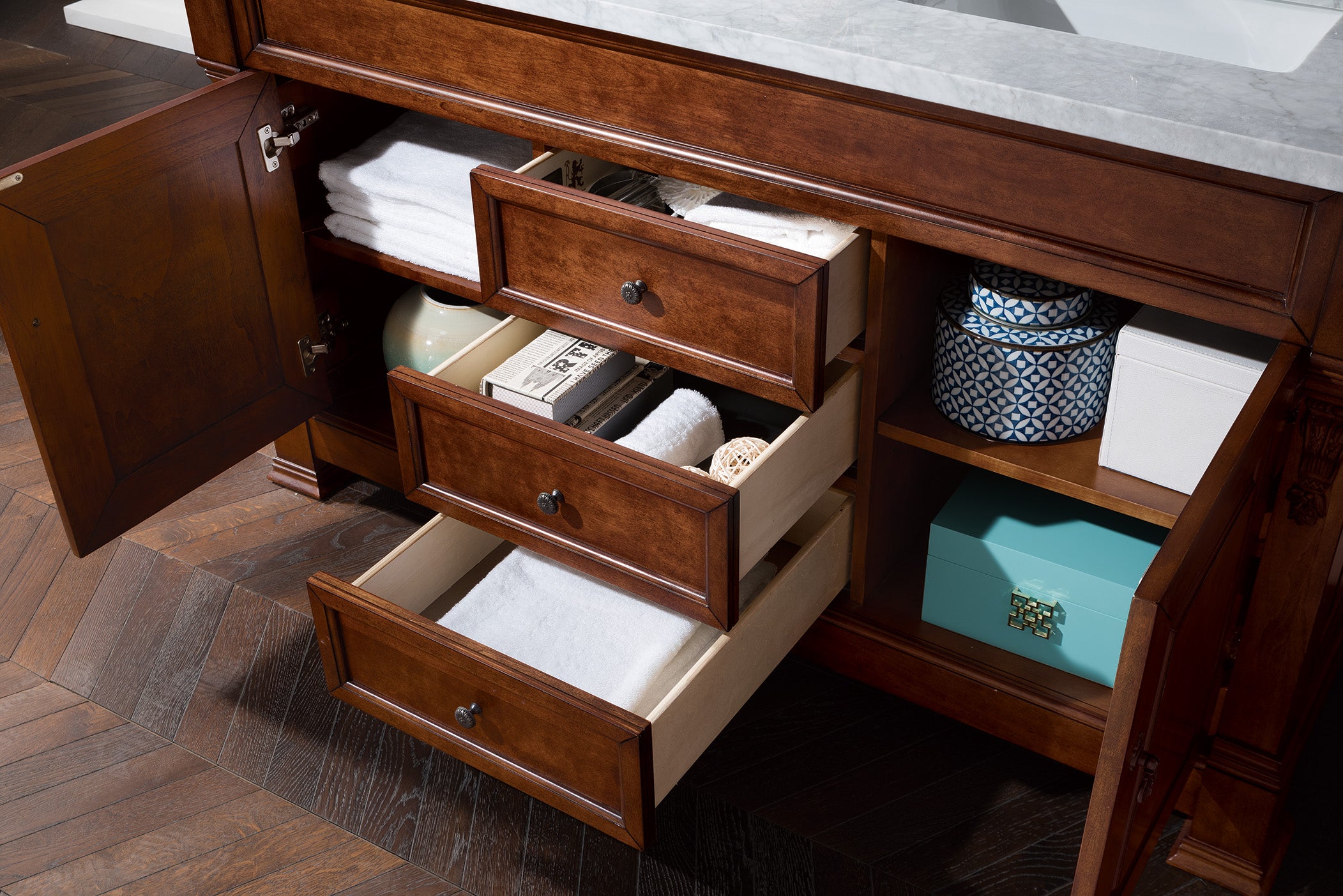 Brookfield 60 Inch Double Bathroom Vanity with Warm Cherry Finish & 3CM Carrara Marble Top - Perfect for Master Bathroom Remodeling and Luxury Home Upgrade