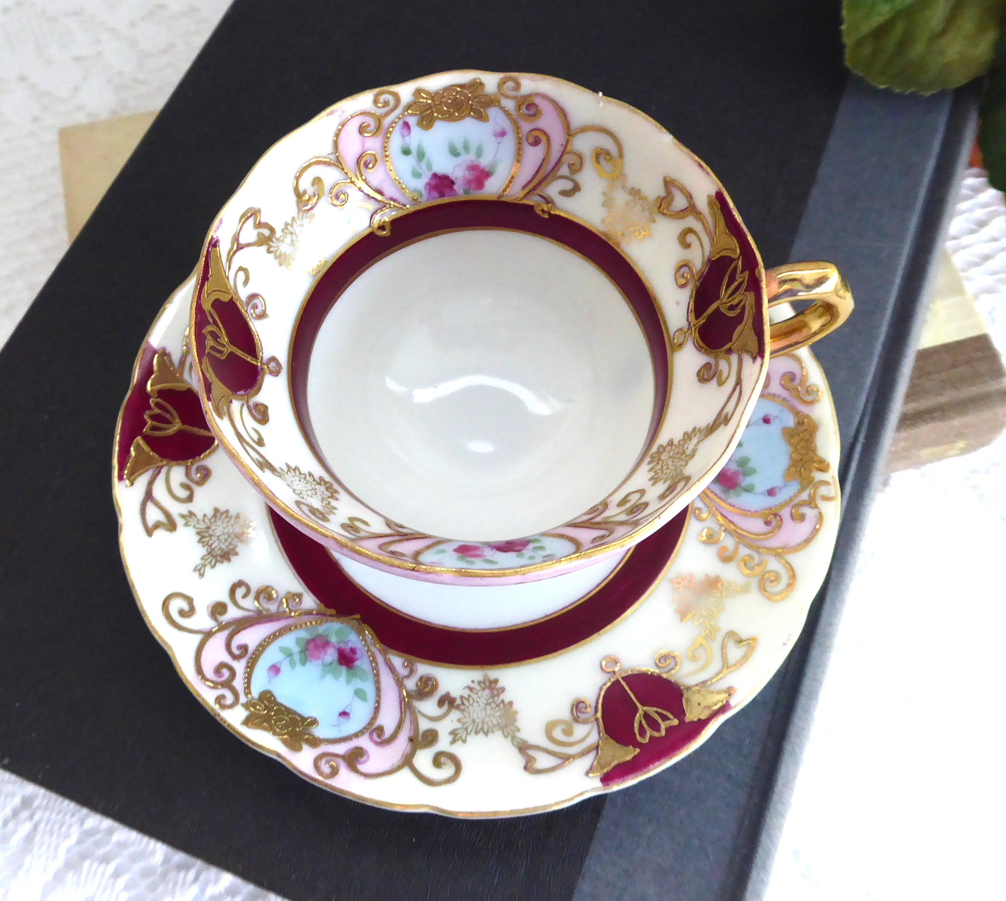 Vintage 1950s Japanese Hand-Painted Cup and Saucer Set - Maroon, Pink & Gold Heart Bouquet Design | Elegant Tea Time, Collectible Tableware, Gift for Tea Lovers