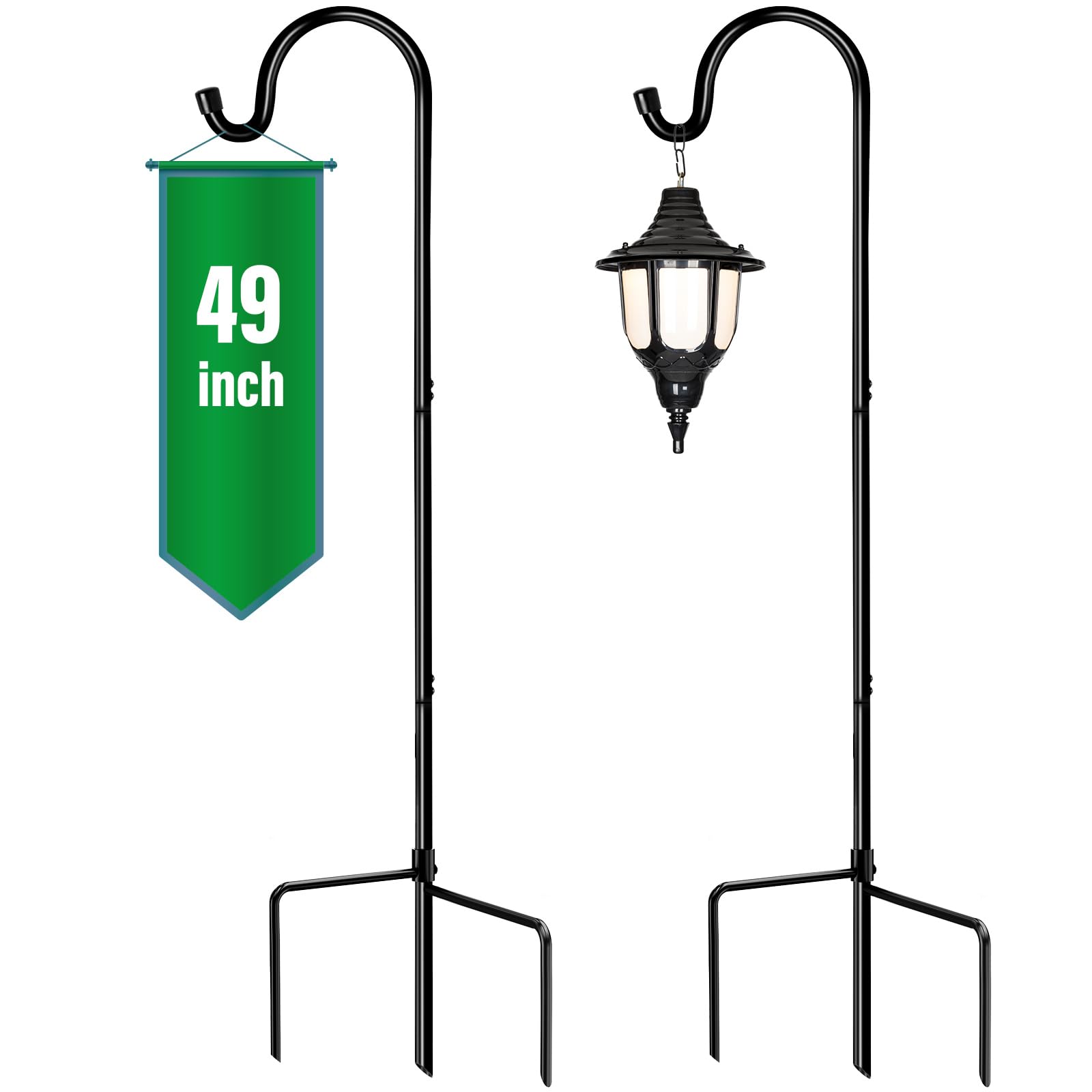 GOFORWILD 2 Pack Adjustable 49-inch Tall Metal Garden Hooks - Heavy Duty Outdoor Plant Hangers for Hanging Baskets, Solar Lights, Lanterns & Bird Feeders - Perfect for Patio, Yard & Wedding Decorations (Black, 7013)