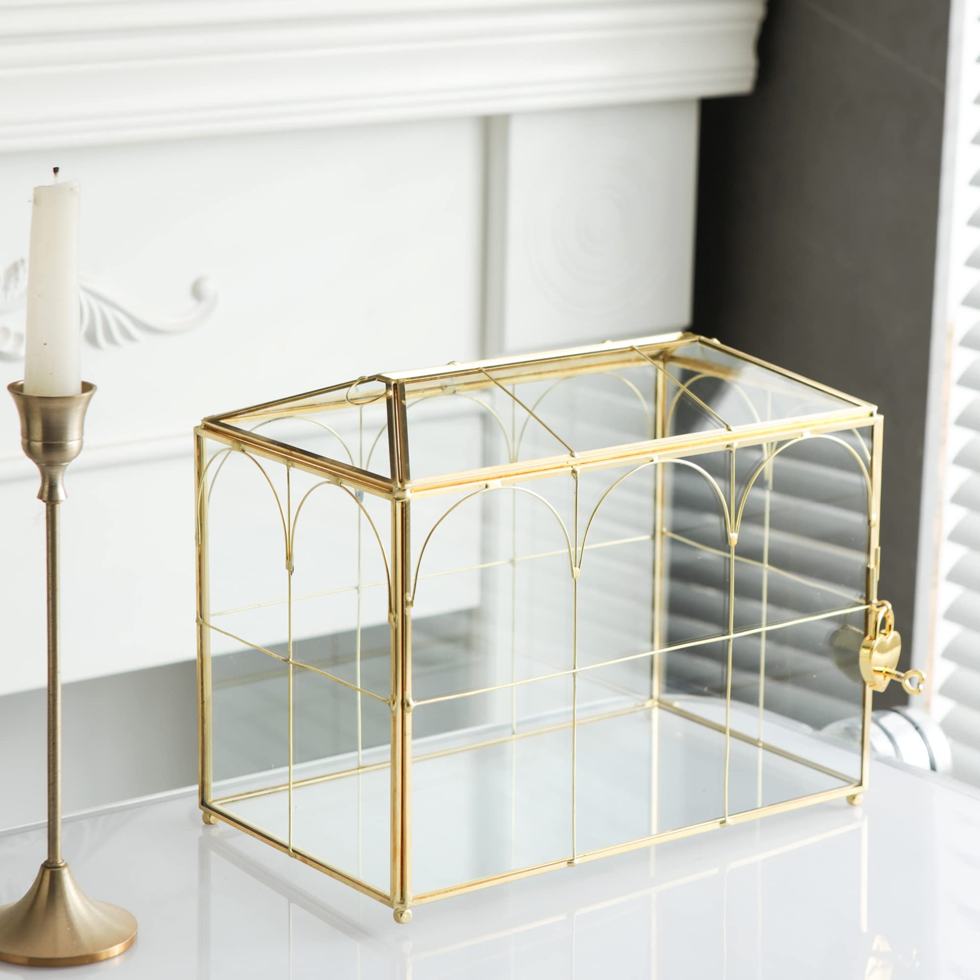 10.2 Inch Large Gold Clear Glass Card Box with Slot - Elegant Decorative Storage Box with Lock for Wedding Receptions, Baby Showers, Birthday Parties & Bridal Showers - Perfect for Gift Cards, Money, and Special Occasion Keepsakes
