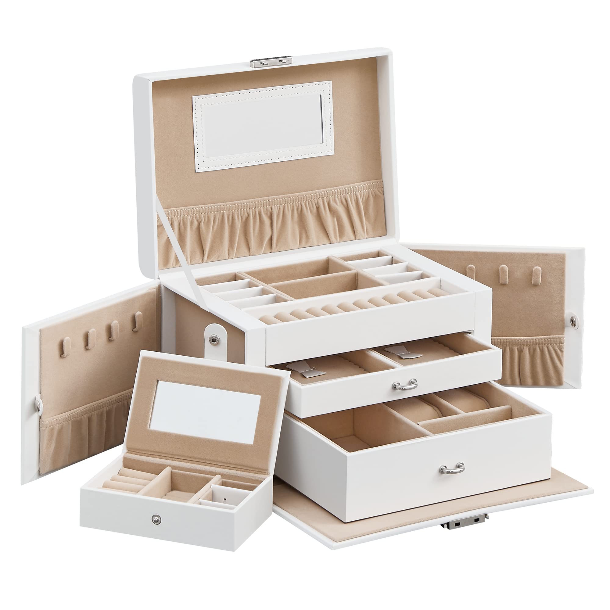SONGMICS 3-Layer Jewelry Organizer Box with 2 Drawers, Lockable Travel Jewelry Case with Handle - Portable Jewelry Storage for Women, Perfect Gift for Wife, Girlfriend, Mother - White UJBC121W | Great for Home Organization, Travel, and Special Occasion Gifts