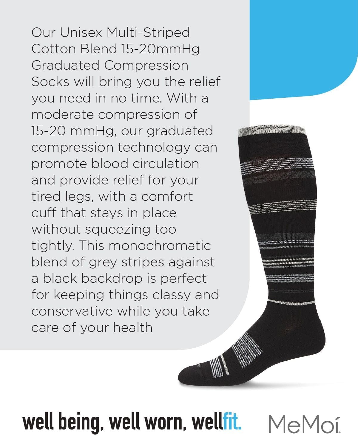 MeMoi Unisex Multi-Striped Compression Socks 15-20mmHg Graduated Support - Cotton Blend for Circulation, Running, Travel & Work - Best for Athletes, Nurses & Frequent Flyers