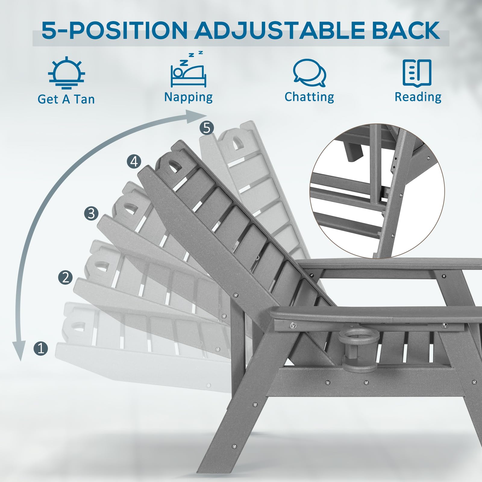 2-Pack Nalone HDPE Outdoor Chaise Lounge Chairs with 5-Position Adjustable Backrest - 400lb Weight Capacity - Grey Patio Poolside Deck Beach Lounge Chairs for Backyard, Resort & Vacation Homes