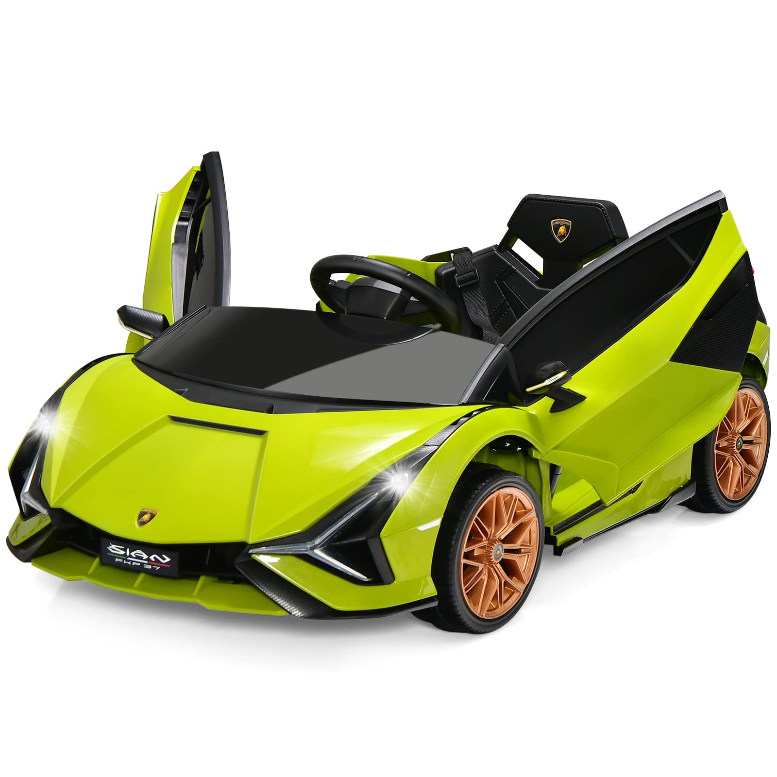 INFANS 12V Licensed Lamborghini Sian Kids Electric Ride-On Car with Parent Remote Control - Spring Suspension, MP3 Player & Carbon Fiber Texture - Green Toddler Toy Roadster for Indoor/Outdoor Play & Birthday Gifts