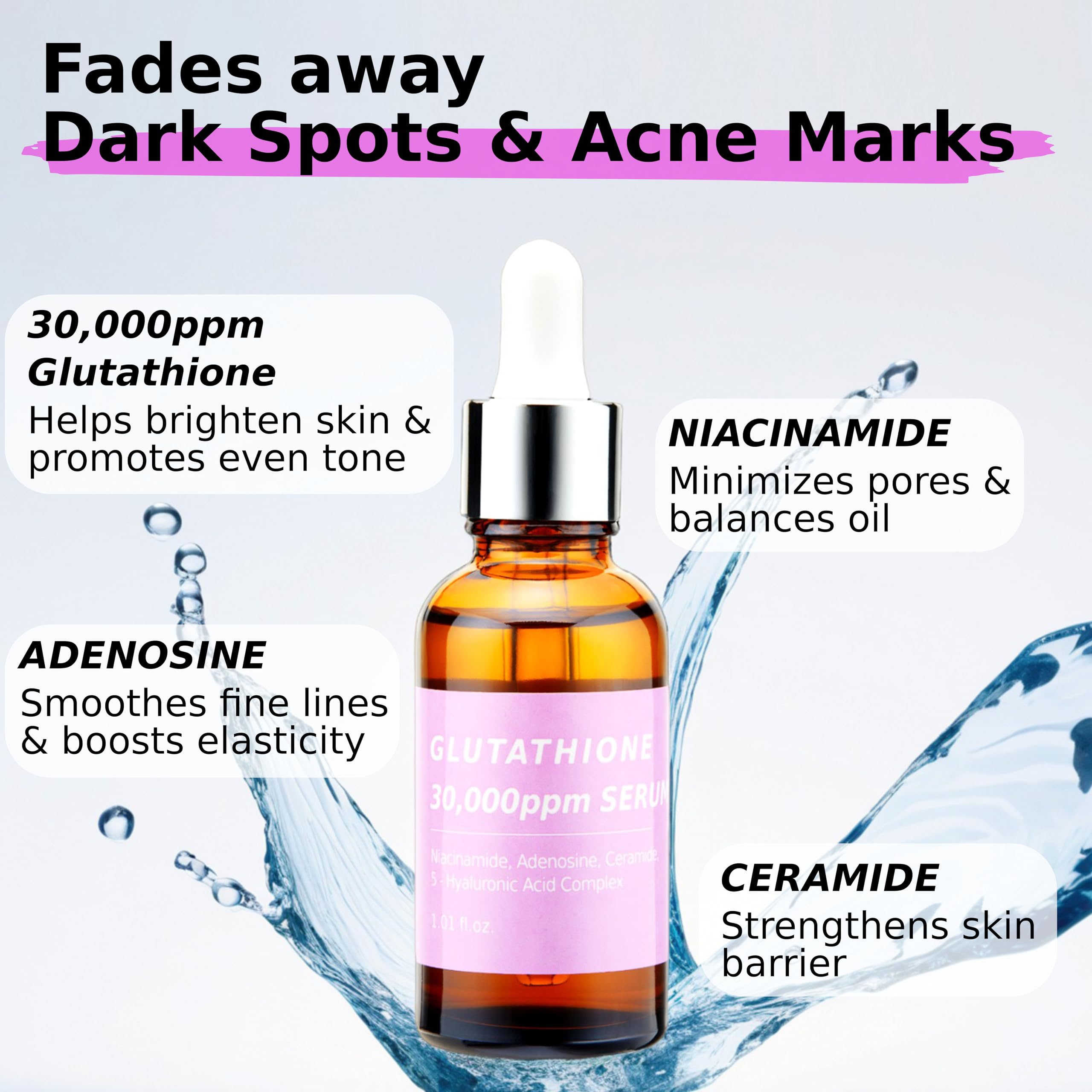 Pure Glutathione Concentrate Serum 30,000ppm with Niacinamide & Hyaluronic Acid - Brightens Skin, Reduces Dark Spots & Acne Scars - Korean Skincare for Sensitive Skin - Perfect for Daily Anti-Aging Routine & Hyperpigmentation Treatment