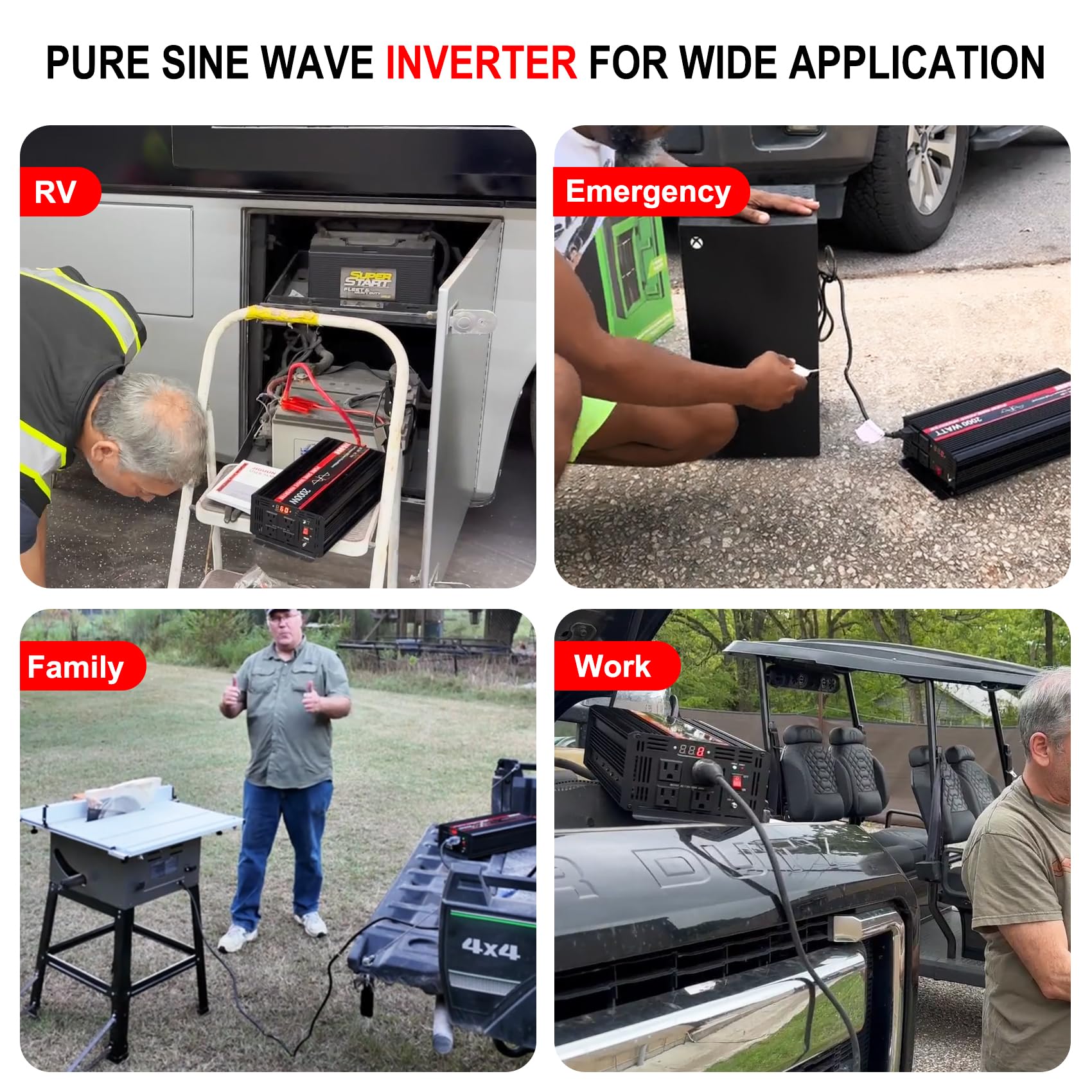 3000W Pure Sine Wave Power Inverter 12V DC to 110V/120V AC Converter with 4 AC Outlets & USB Ports - Car Inverter for RV, Camping, Truck, Boats, Home Backup Power & Outdoor Adventures