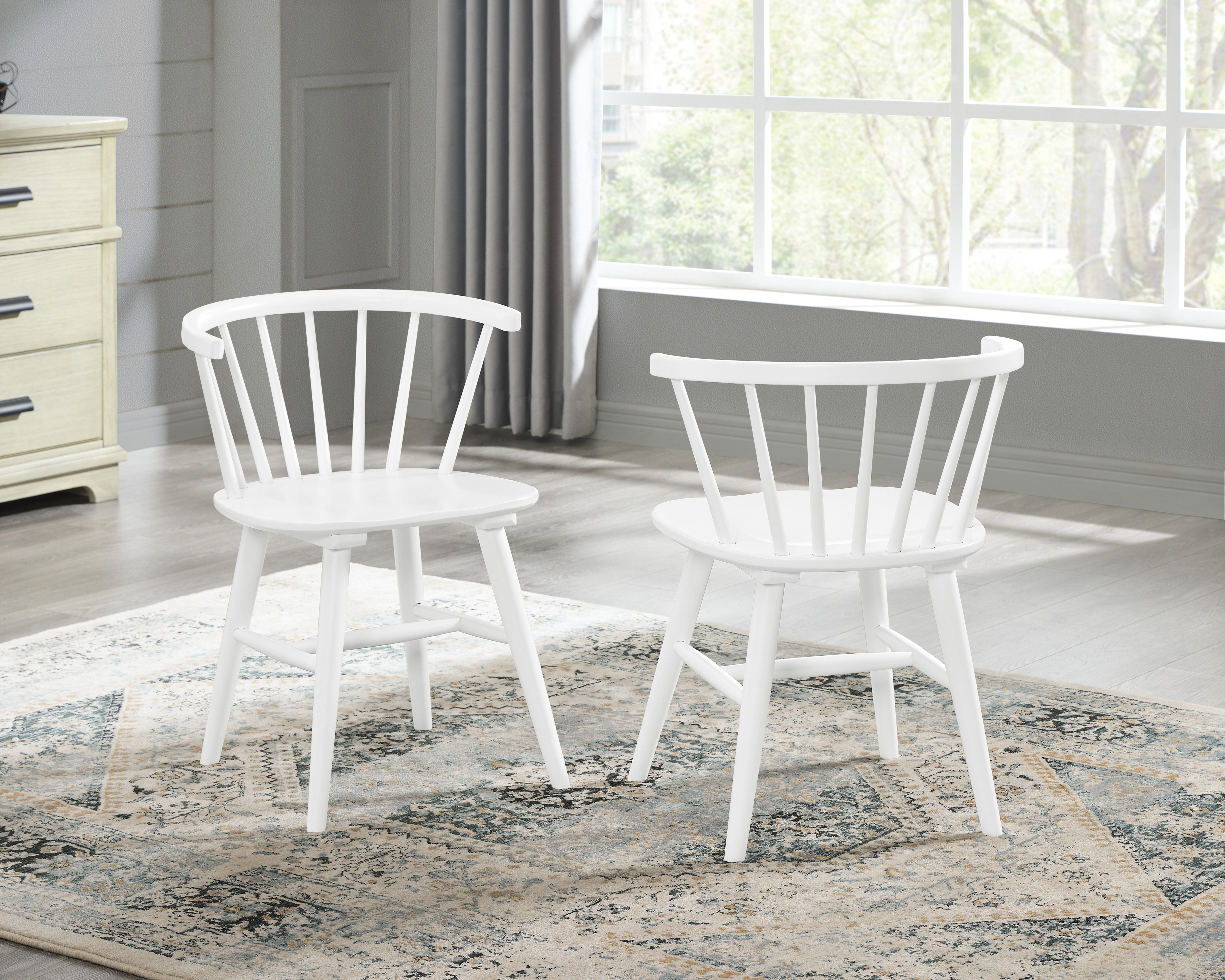Roundhill Furniture Alwynn Contemporary Wooden Spindle Back Dining Chairs - Windsor Style Solid Wood Kitchen Chairs, White Set of 2 - Perfect for Dining Room, Kitchen, Breakfast Nook & Farmhouse Decor