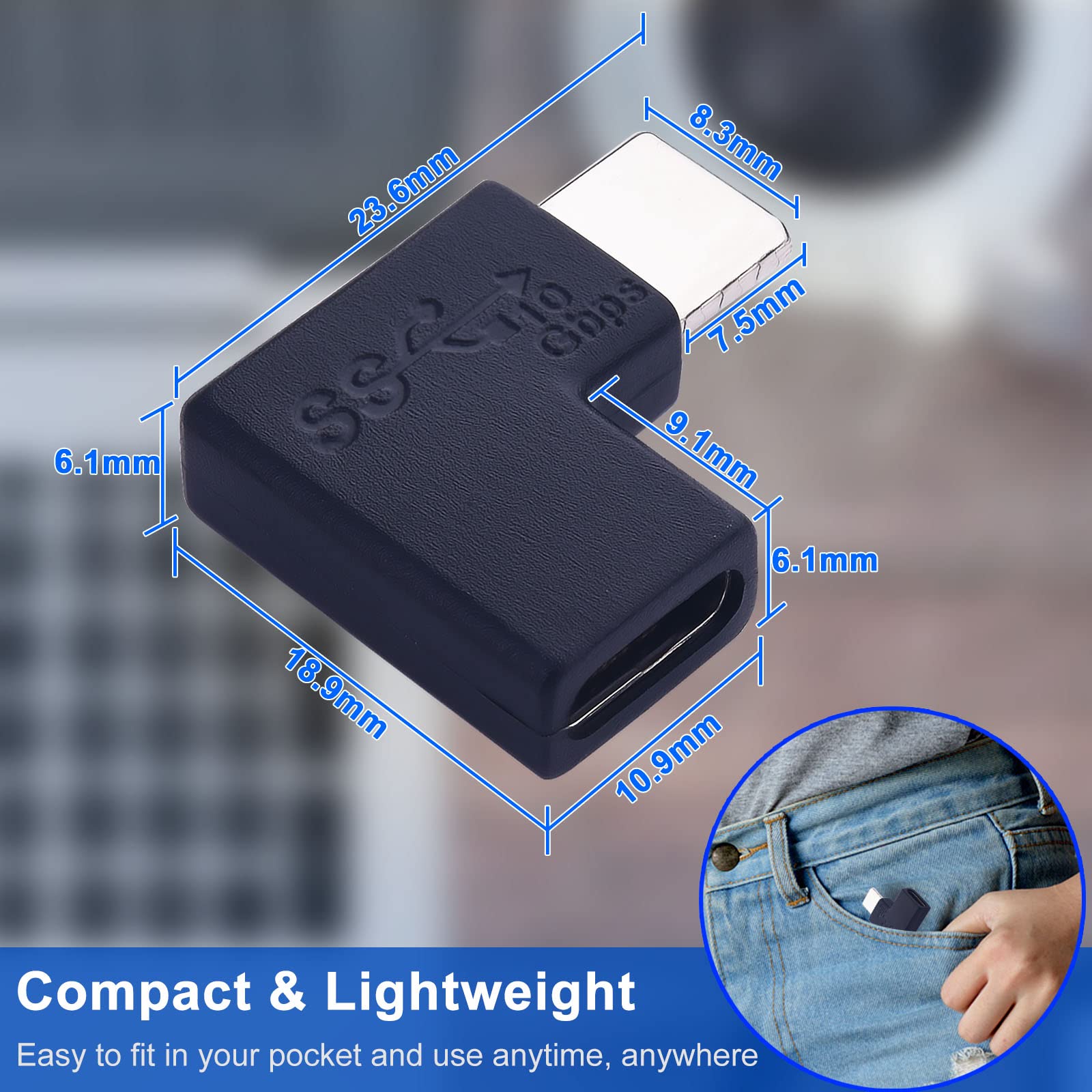 90 Degree USB C Right Angle Adapter - USB 3.1 Gen 2 Male to Female Extension Connector (10Gbps, 4 Pack) for MacBook Pro, iPad Pro, Galaxy S23 & More Devices