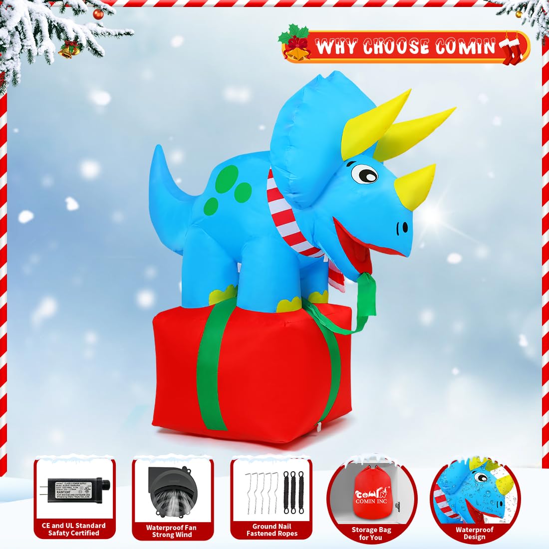 COMIN 5 FT Inflatable Dinosaur Christmas Decor with Built-in LED Lights - Outdoor/Indoor Holiday Yard Lawn Garden Decoration for Xmas Party, Home Decor & Festive Celebrations