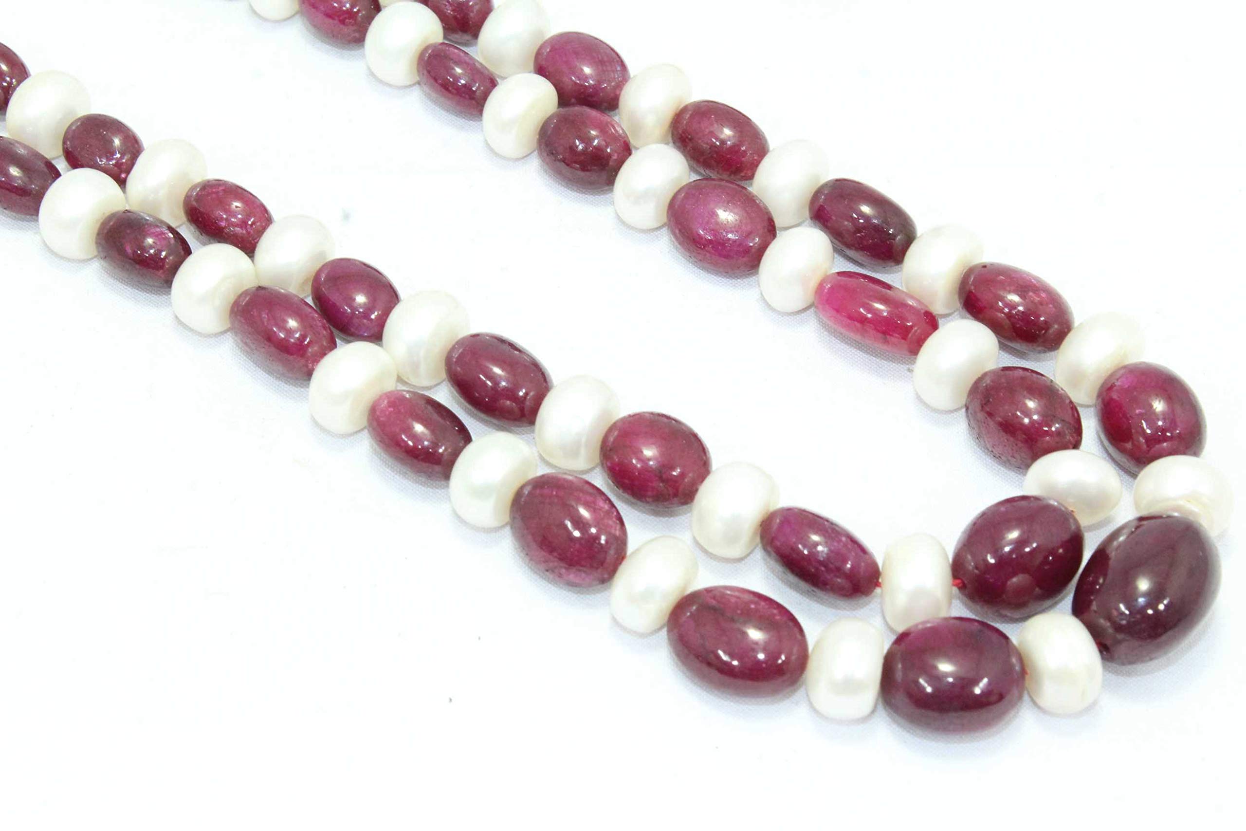 2-Line Red Ruby Beads & White Pearls Necklace Strand - Elegant Jewelry for Weddings, Parties, and Special Occasions