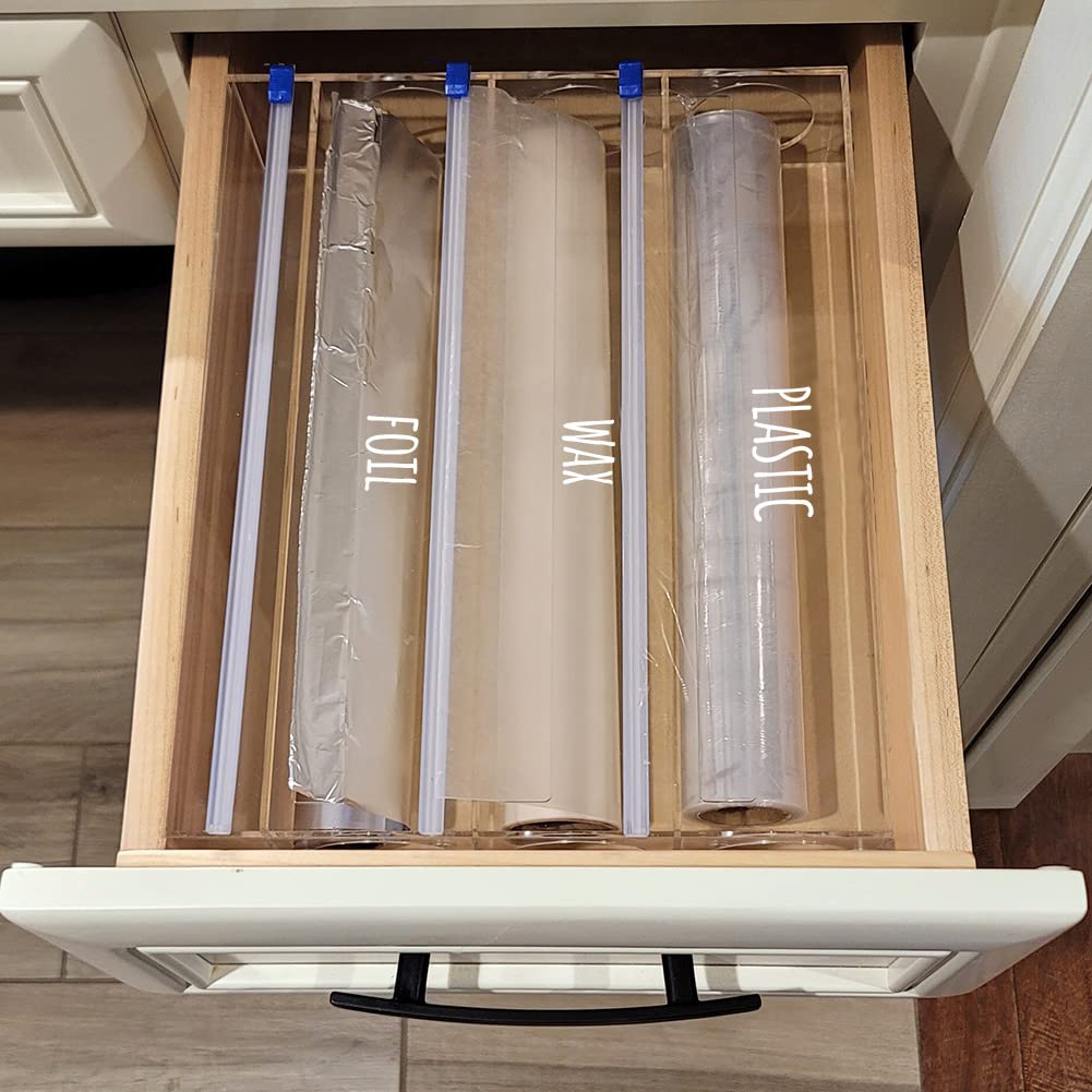 Premium Acrylic 3-in-1 Plastic Wrap, Wax Paper & Aluminum Foil Dispenser - Drawer or Wall Mountable Kitchen Organizer (Clear) - Perfect for Food Storage, Meal Prep & Countertop Organization