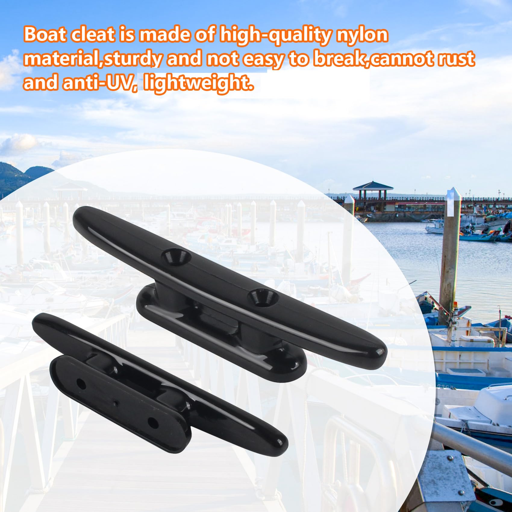 ORLANG 8 Inch Heavy Duty Nylon Boat Cleats 4 Pack - Marine Grade Dock Cleats with Stainless Steel Fasteners - Rope Cleat for Deck, Boat, Kayak, Pontoon & Nautical Decor (Black) - Perfect for Docking, Mooring & Securing Watercraft