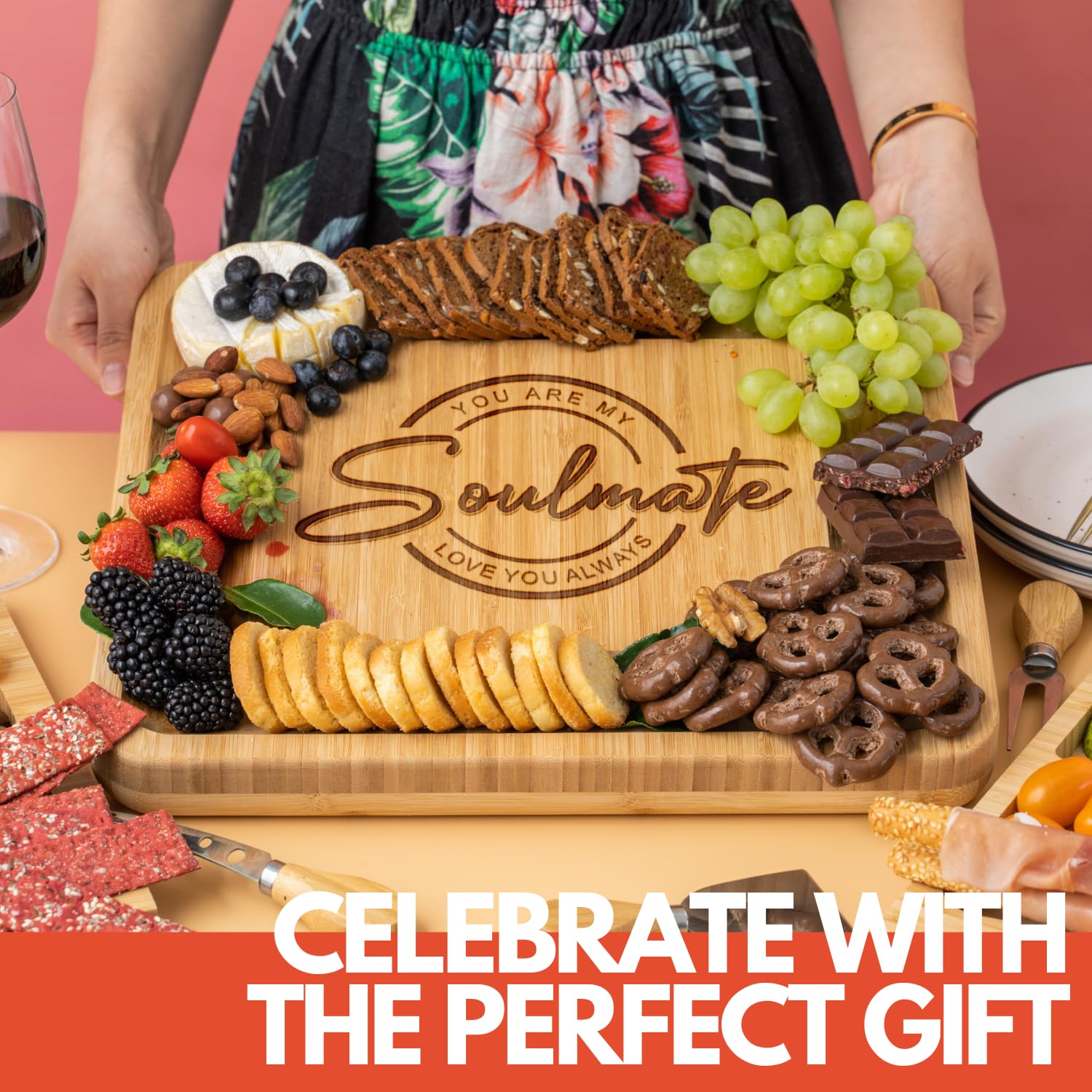 Personalized Anniversary Gifts for Her - Engraved Wooden Charcuterie Board Set with 4 Stainless Steel Knives - Perfect Wedding Gift for Wife, Girlfriend, or Couples - Elegant Kitchen Accessory for Cheese, Charcuterie, and Entertaining