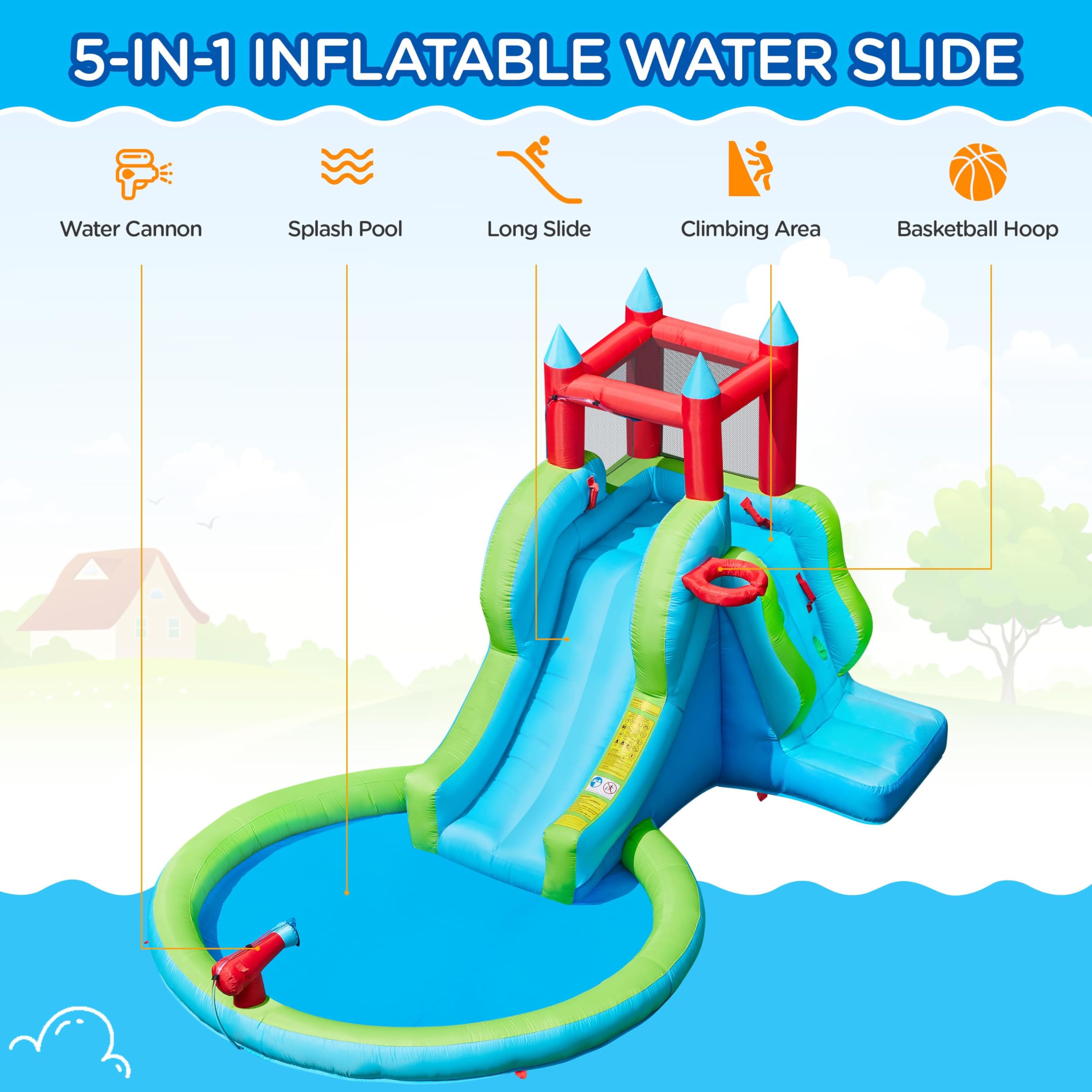 Yaheetech 5-in-1 Inflatable Water Slide for Kids Ages 3-8 | Outdoor Blow Up Bounce House with Water Cannon, Basketball Hoop, Climbing Wall & Storage Bag | Includes 350W Blower | Perfect for Backyard Parties, Summer Fun & Family Gatherings