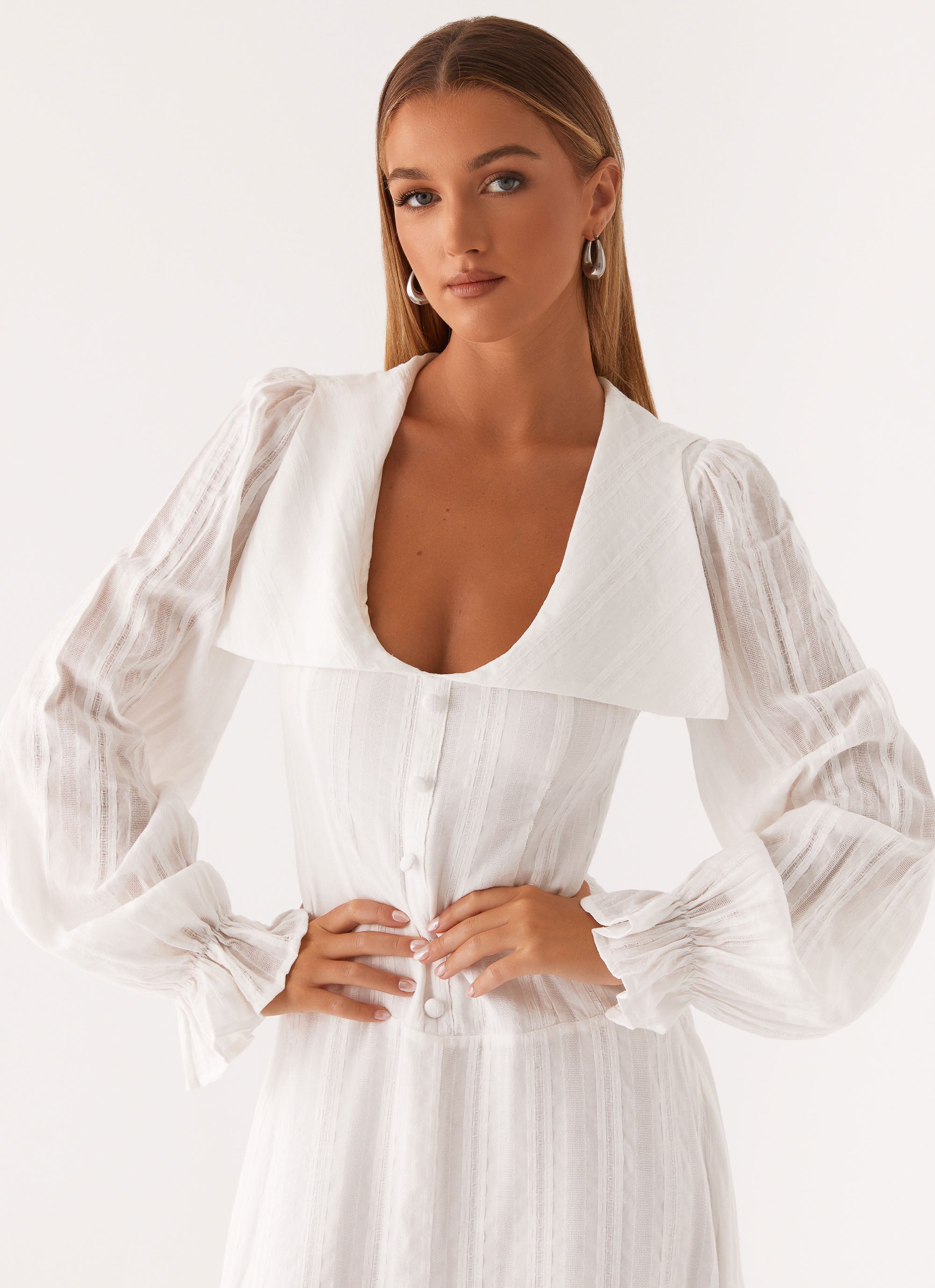 Alima Women's Long Sleeve Maxi Dress - Elegant White Flowy Boho Dress for Casual Wear, Beach Cover Up & Special Occasions