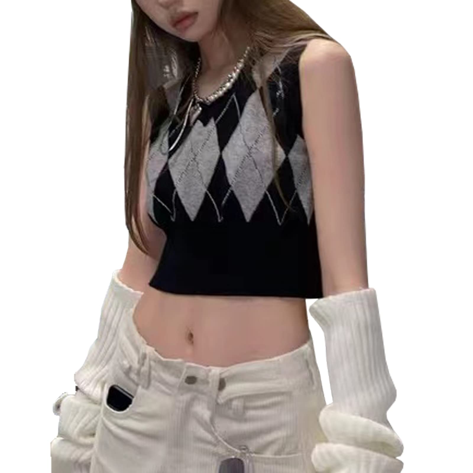 Hyipels Women's Argyle Sweater Vest - Y2K Plaid Knit Streetwear Top | Preppy Style V-Neck Cropped Knit Tank Top for Girls | Perfect for Casual Outfits, Layering & Vintage Fashion Looks