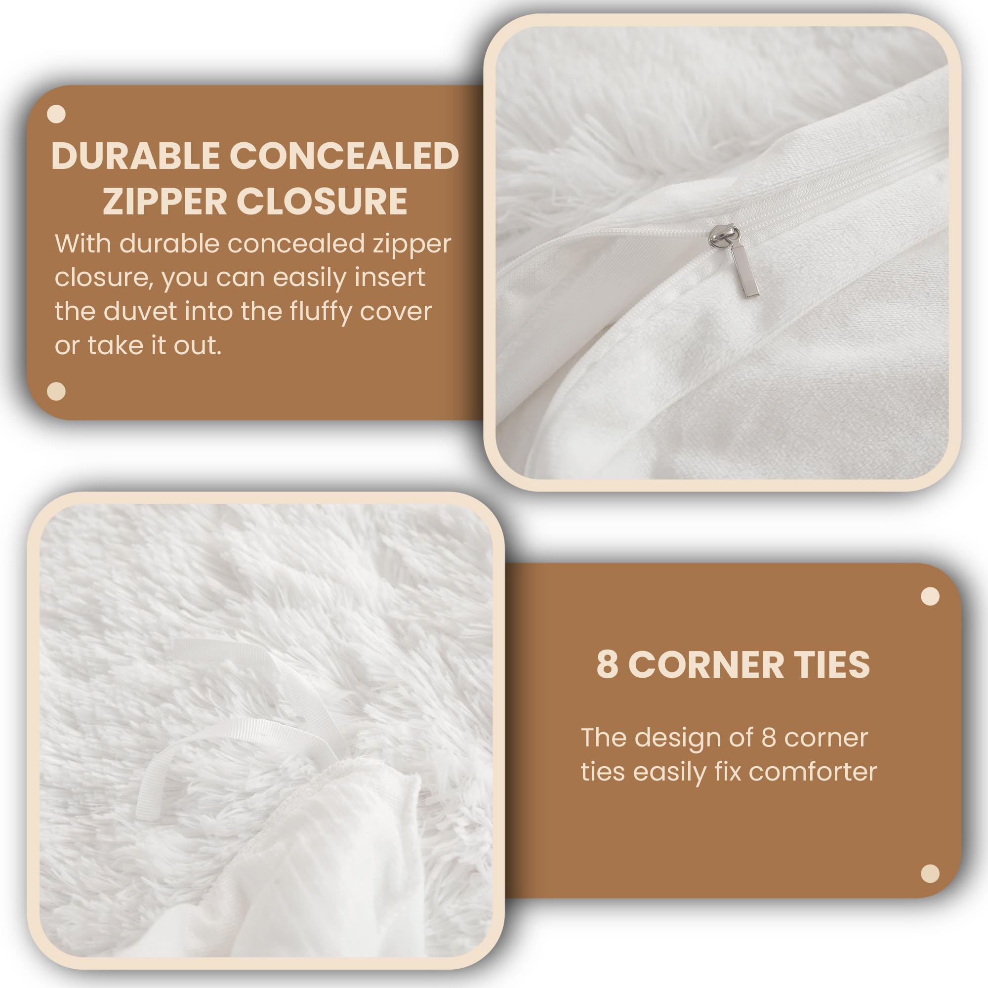 Luxury Shaggy Plush Duvet Cover Set - Soft 3-Piece Fluffy Faux Fur Comforter Cover with Zipper Closure, Fuzzy Velvet Bedding Set for Queen Size Bed (1 Duvet Cover + 2 Pillowcases) in White - Perfect for Cozy Winter Nights & Stylish Bedroom Decor