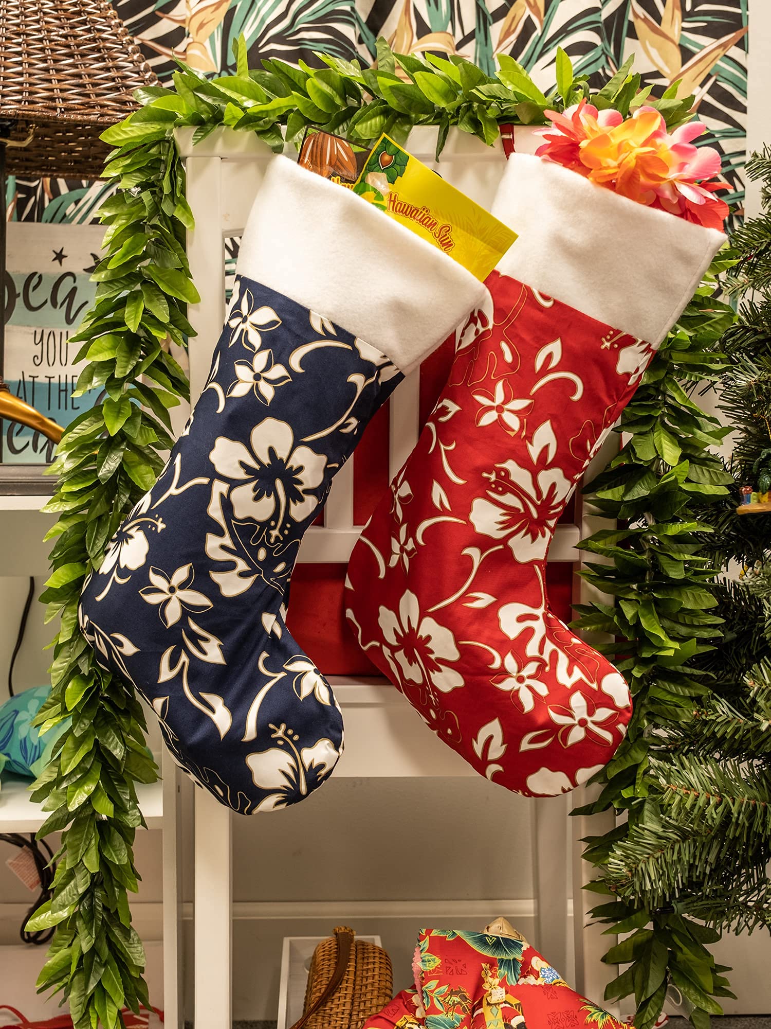 Red Hawaiian Hibiscus Pareo - Classic Christmas Stocking for Beach, Pool, and Holiday Decorations