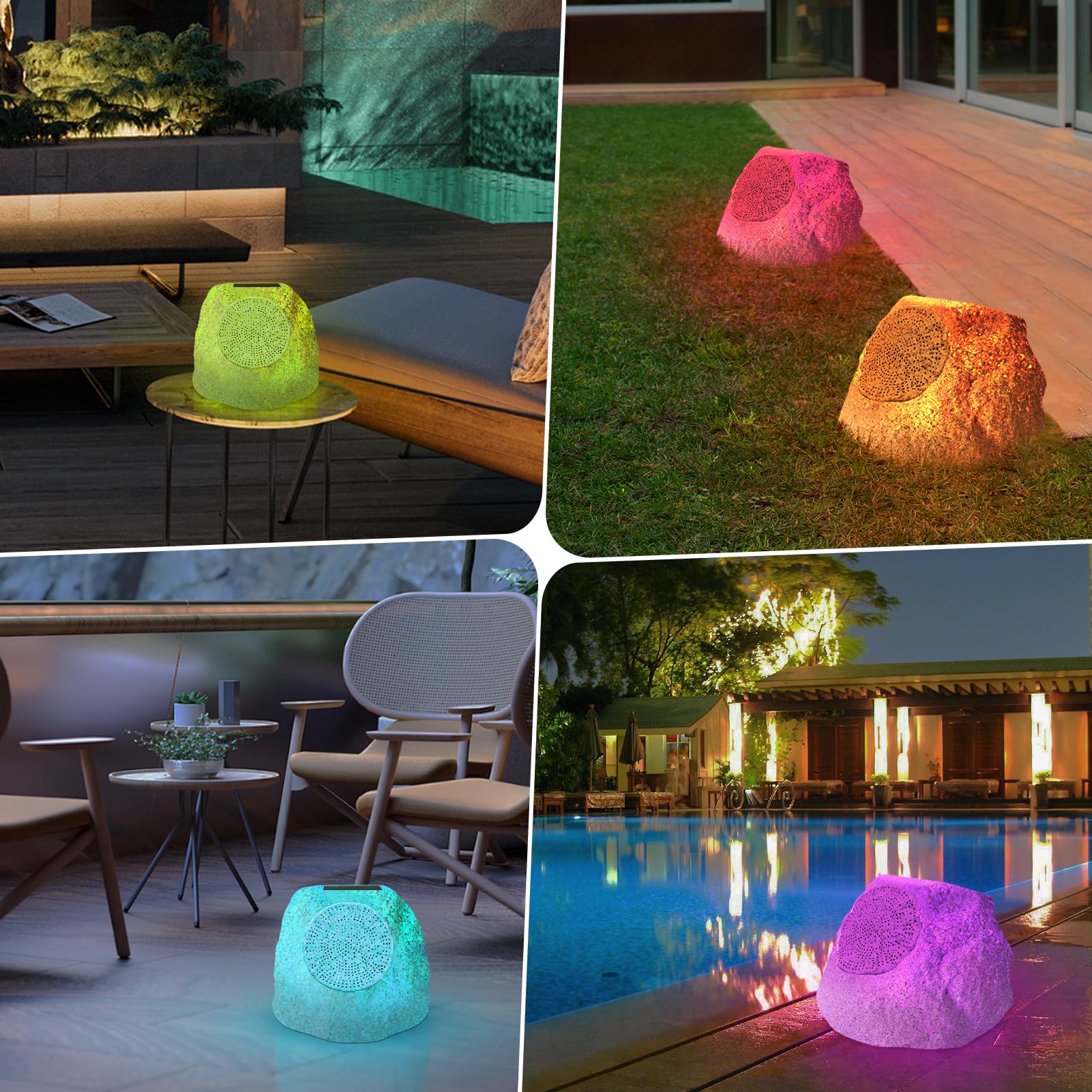 Uuffoo Rock Speaker Outdoor Waterproof Bluetooth 5.0 - Solar & USB Charging, RGB Color Changing Lights (2 Pack) - Perfect for Pool Parties, Beach Trips & Backyard BBQs