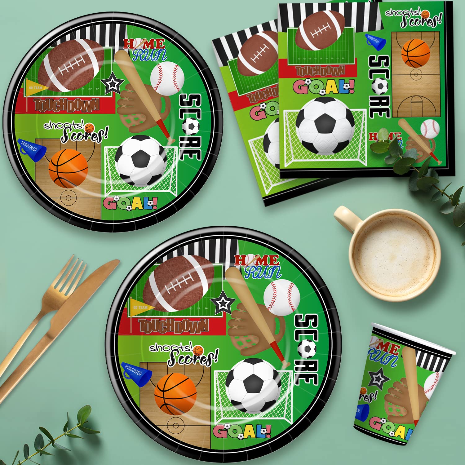 Xigejob Sports Theme Birthday Party Supplies - 24-Pack Plates, Cups, Napkins, Tablecloth & Forks Set | Soccer Basketball Baseball Football Decorations | Perfect for Sports Themed Parties, Game Nights & Team Celebrations