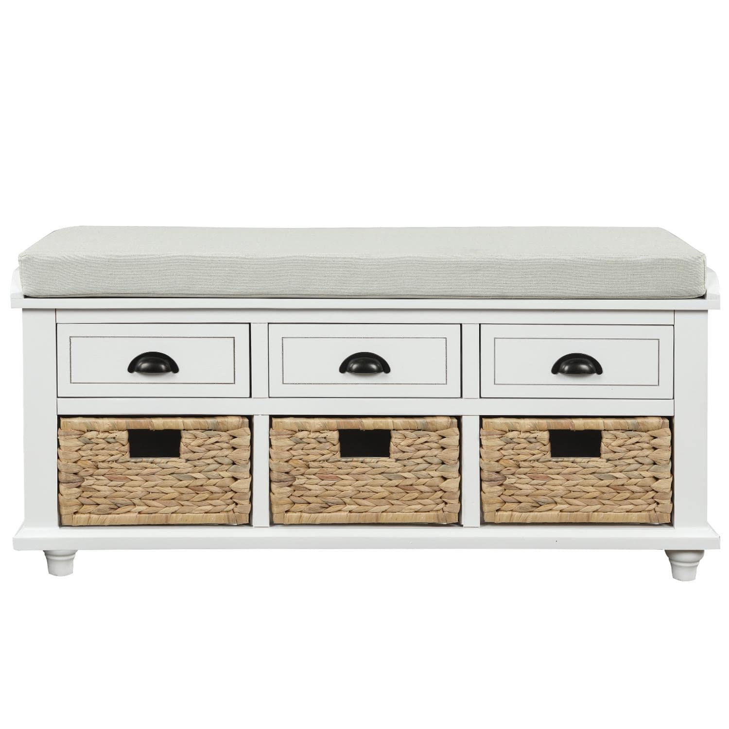 Rustic Storage Bench with Rattan Baskets & Cushion - Multifunctional Shoe Bench, Footrest & Entryway Organizer (White) - Perfect for Entryway, Bedroom & Living Room Storage