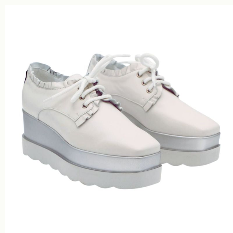 MARCO MOREO Women's White Leather Platform Lace Up Shoes M608 - Stylish Chunky Heel Sneakers for Casual Outfits & Streetwear Fashion