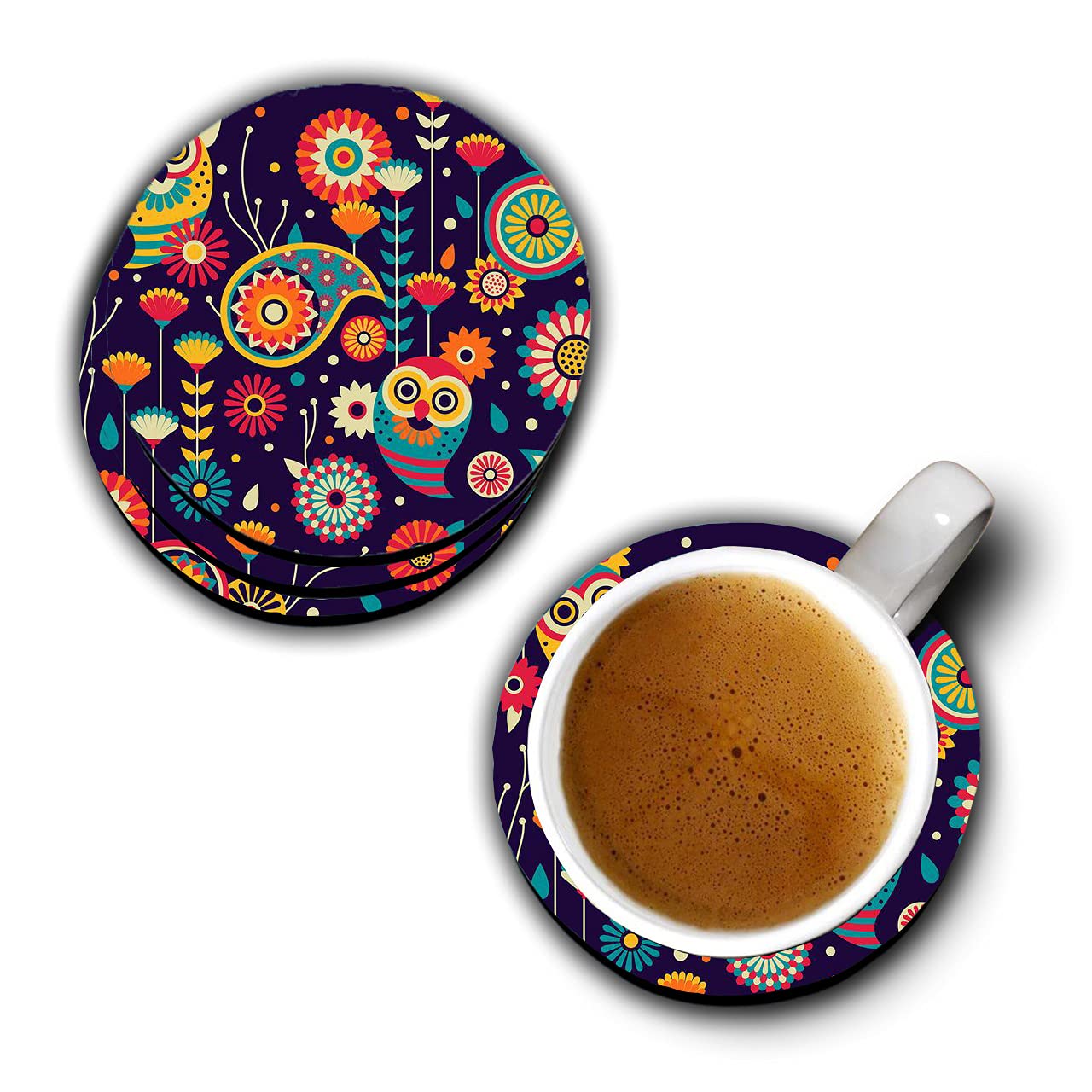 Custom Engraved Wooden Tea Coasters Set of 4 - Round Heat-Resistant Drink Coasters with Elegant Glossary Pattern for Dining Table, Kitchen & Home Decor - Perfect for Tea Parties, Coffee Mornings & Protecting Furniture